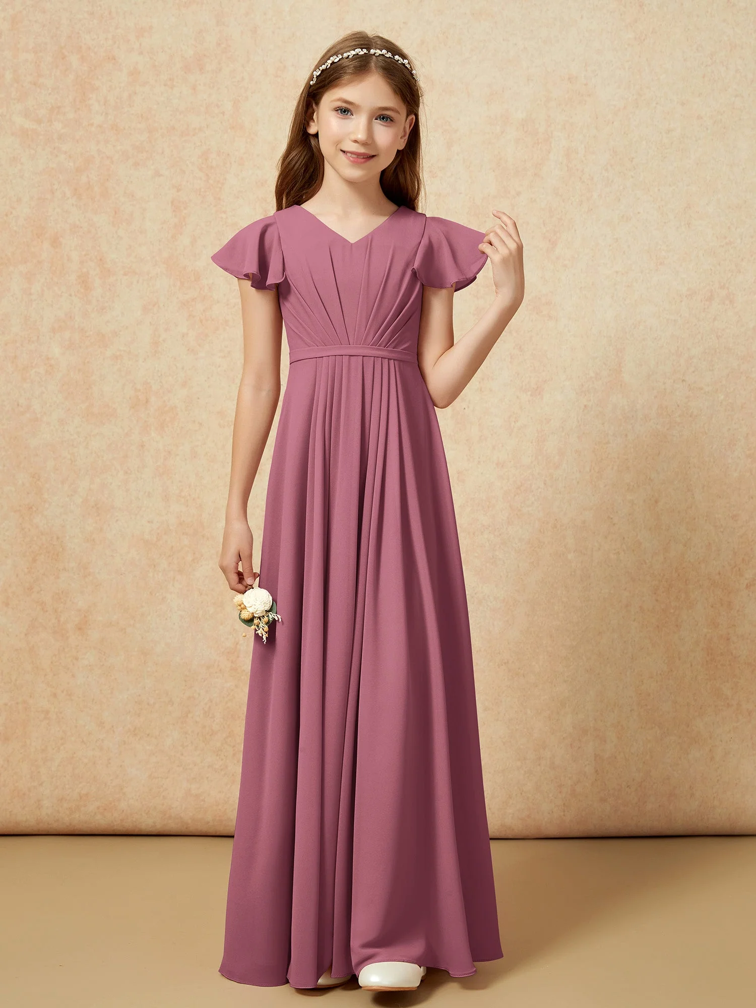 Flatterärmel V-Ausschnitt Chiffon Junge Brautjungfernkleider Maulbeere - Image 4
