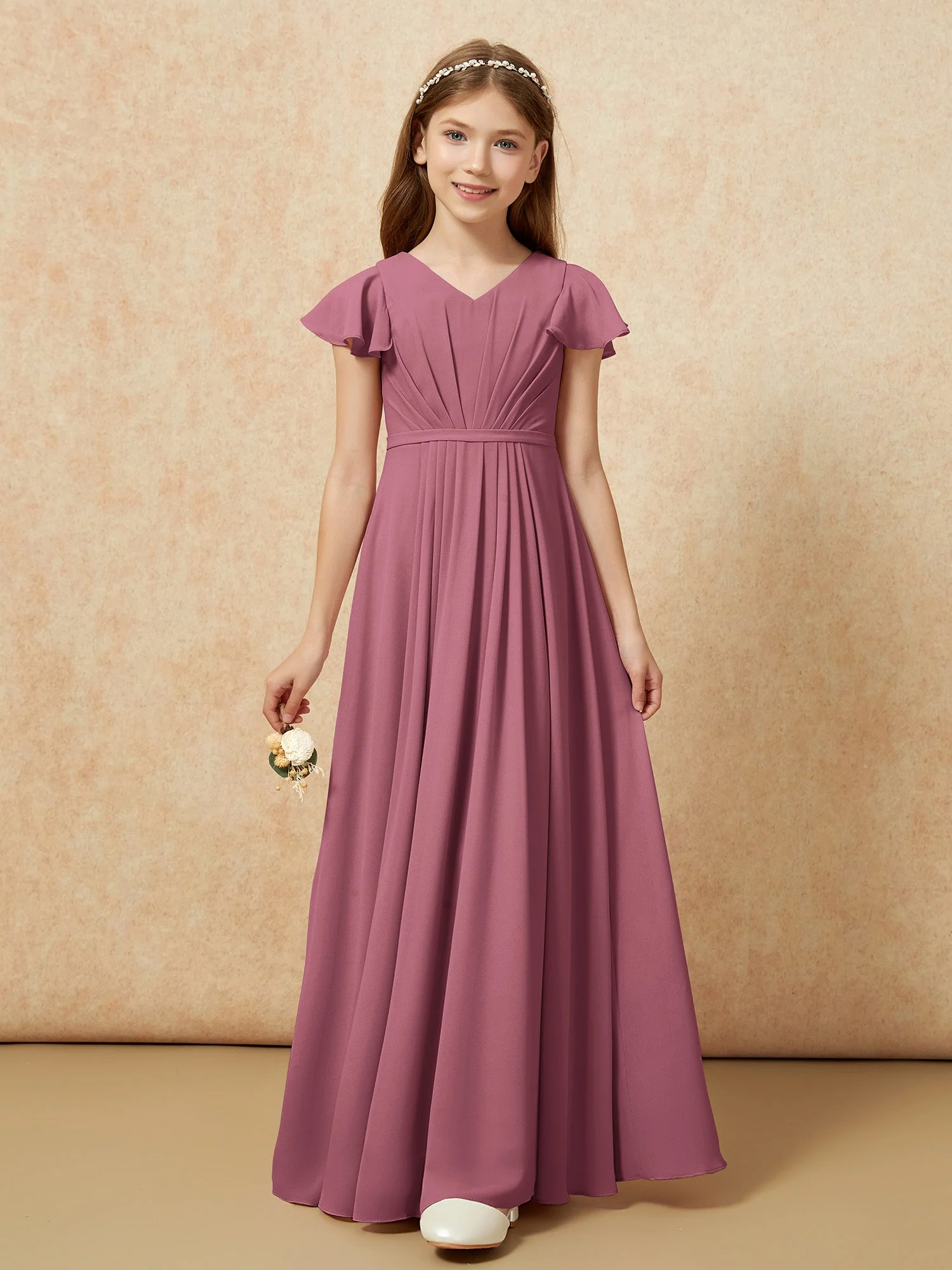 Flatterärmel V-Ausschnitt Chiffon Junge Brautjungfernkleider Maulbeere - Image 6