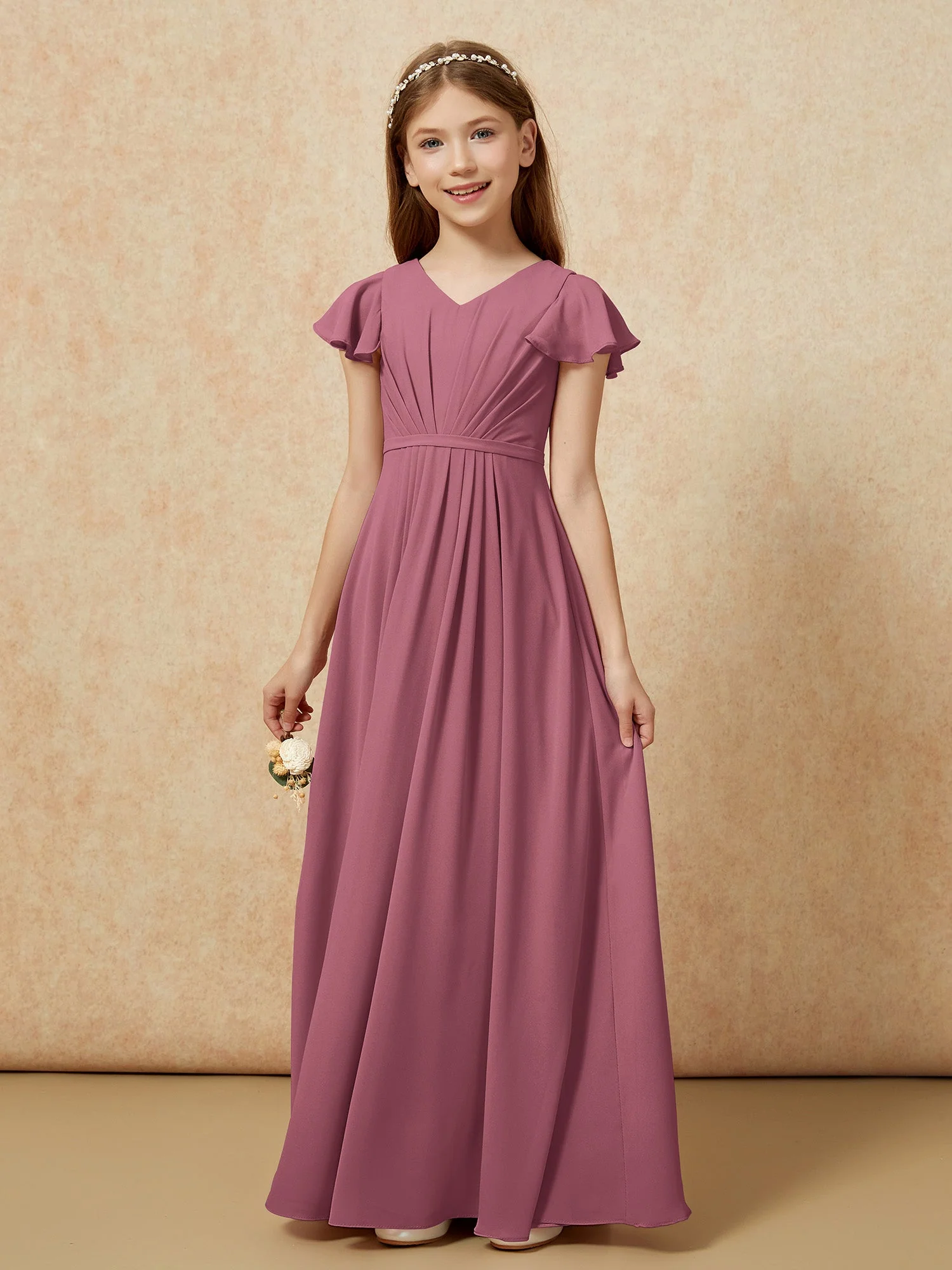 Flatterärmel V-Ausschnitt Chiffon Junge Brautjungfernkleider Maulbeere - Image 7