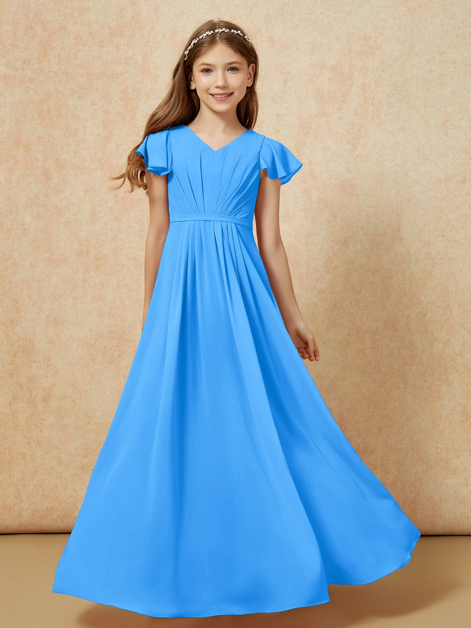 FlatterÀrmel V-Ausschnitt Chiffon Junge Brautjungfernkleider Meerblau