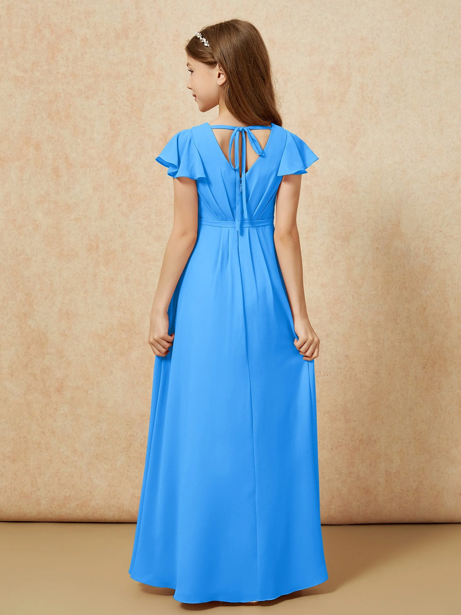 FlatterÀrmel V-Ausschnitt Chiffon Junge Brautjungfernkleider Meerblau - Image 2