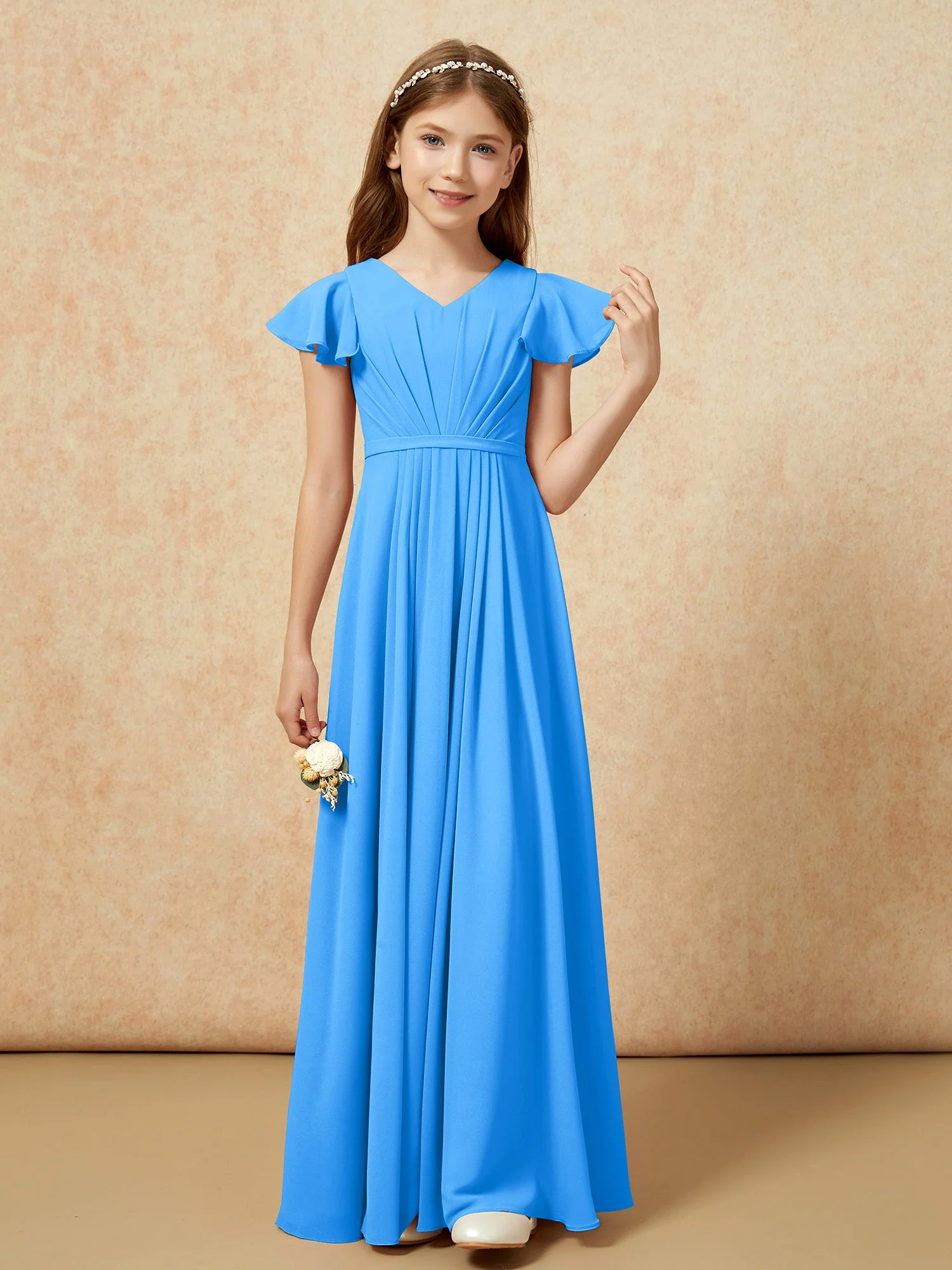 FlatterÀrmel V-Ausschnitt Chiffon Junge Brautjungfernkleider Meerblau - Image 4