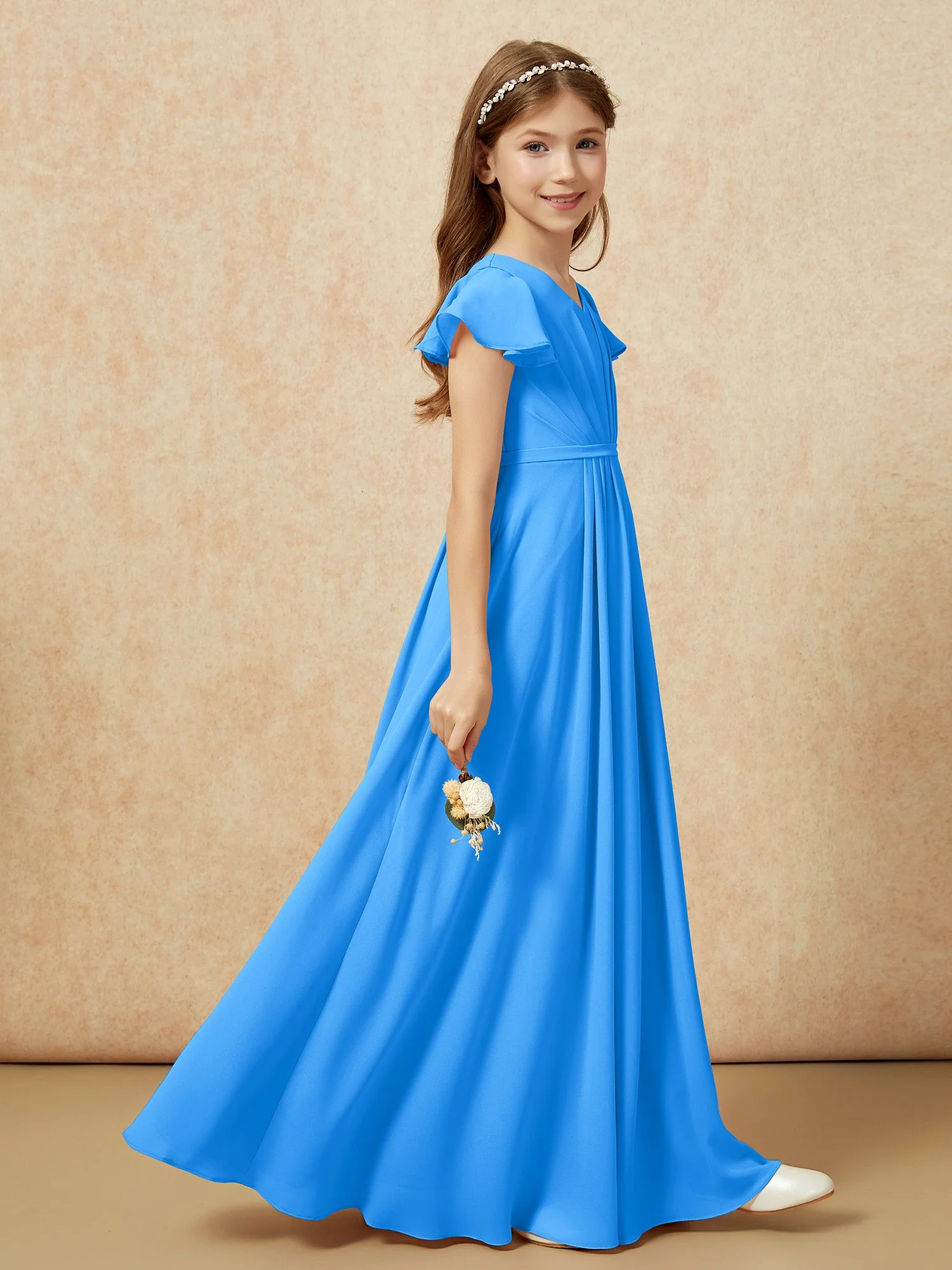 FlatterÀrmel V-Ausschnitt Chiffon Junge Brautjungfernkleider Meerblau - Image 5