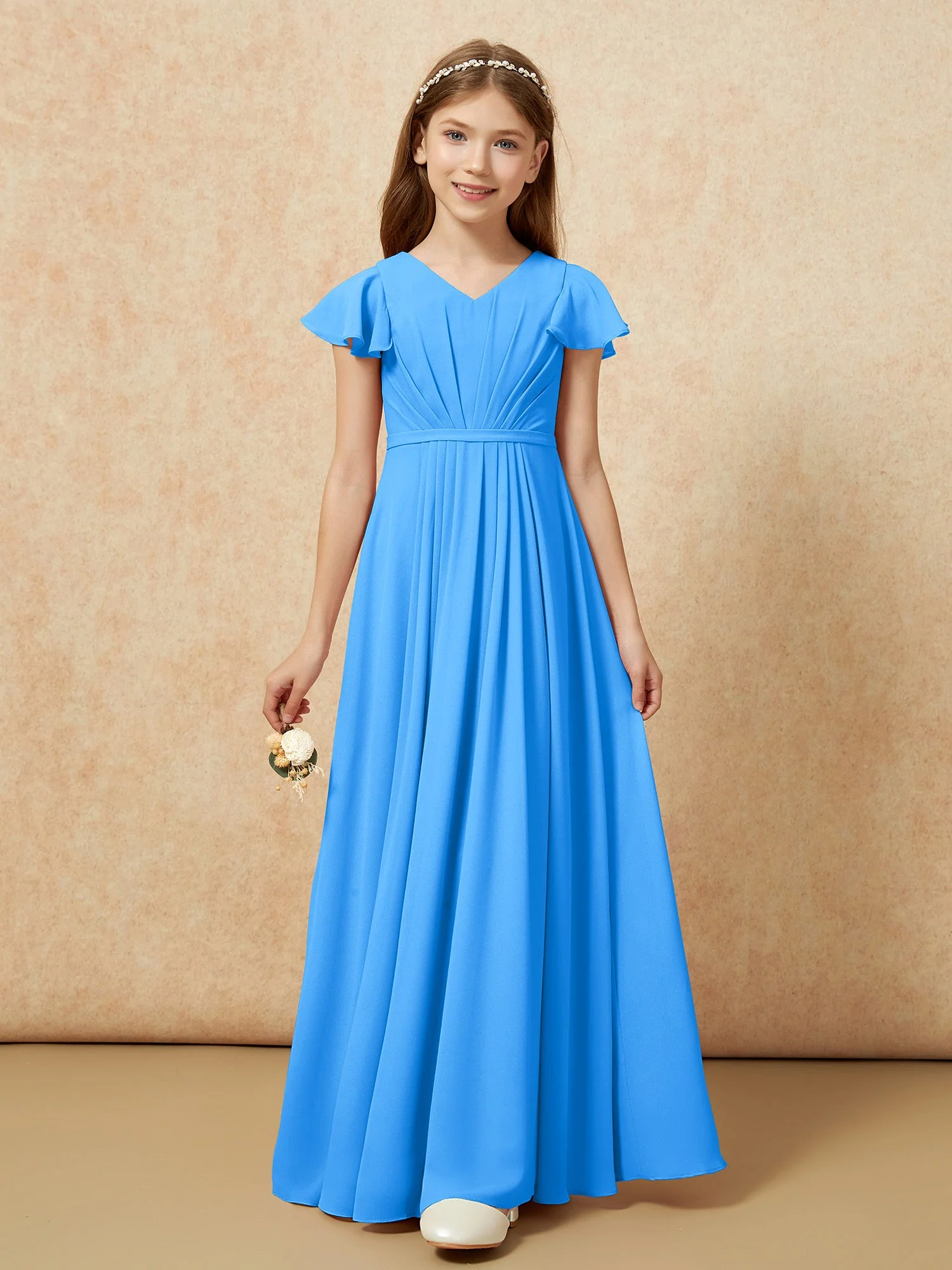FlatterÀrmel V-Ausschnitt Chiffon Junge Brautjungfernkleider Meerblau - Image 6