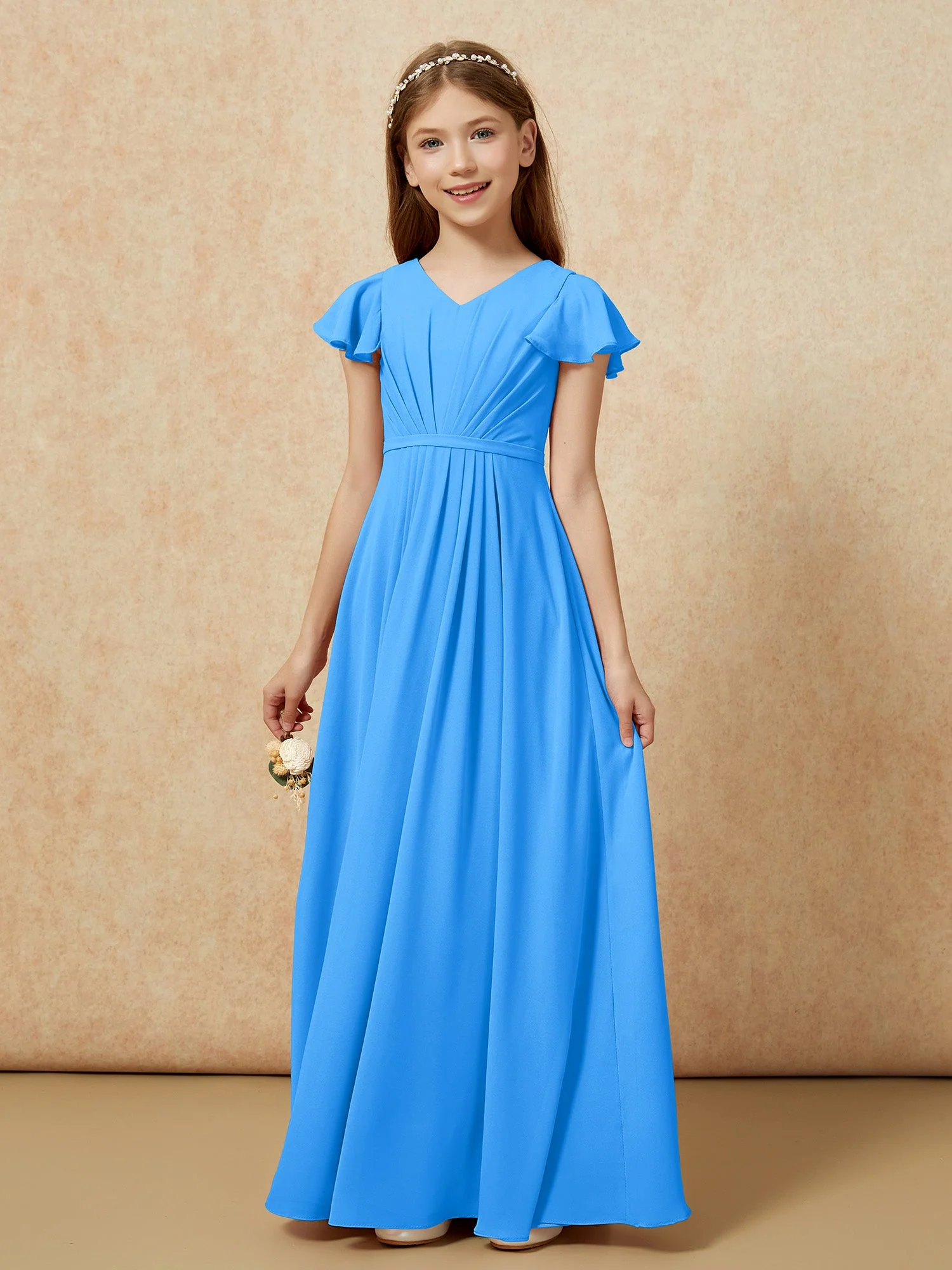FlatterÀrmel V-Ausschnitt Chiffon Junge Brautjungfernkleider Meerblau - Image 7
