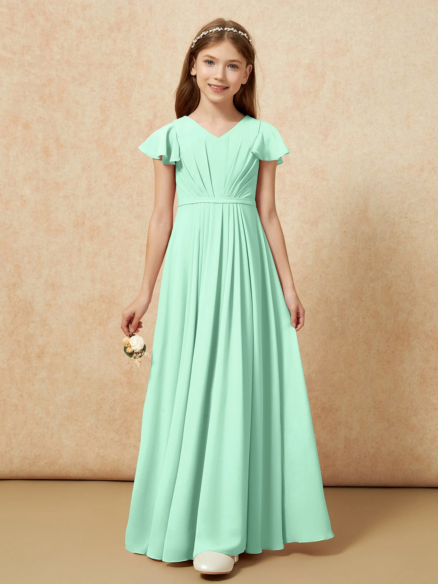 Flatterärmel V-Ausschnitt Chiffon Junge Brautjungfernkleider Minzgrün - Image 6