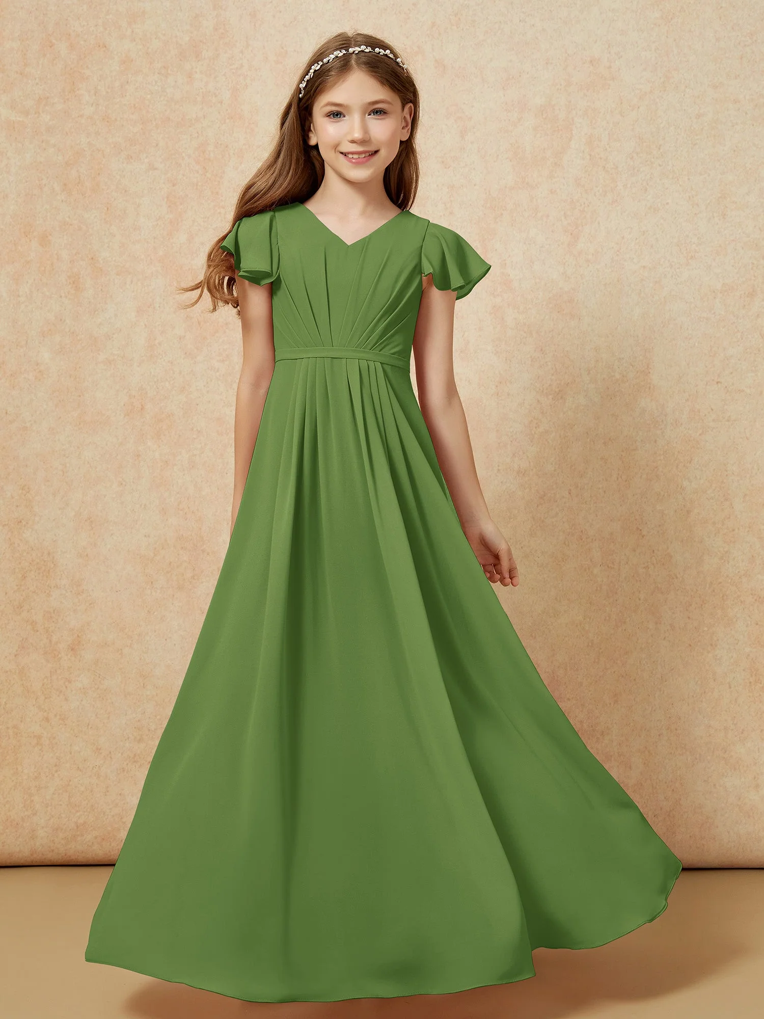 Flatterärmel V-Ausschnitt Chiffon Junge Brautjungfernkleider Moos
