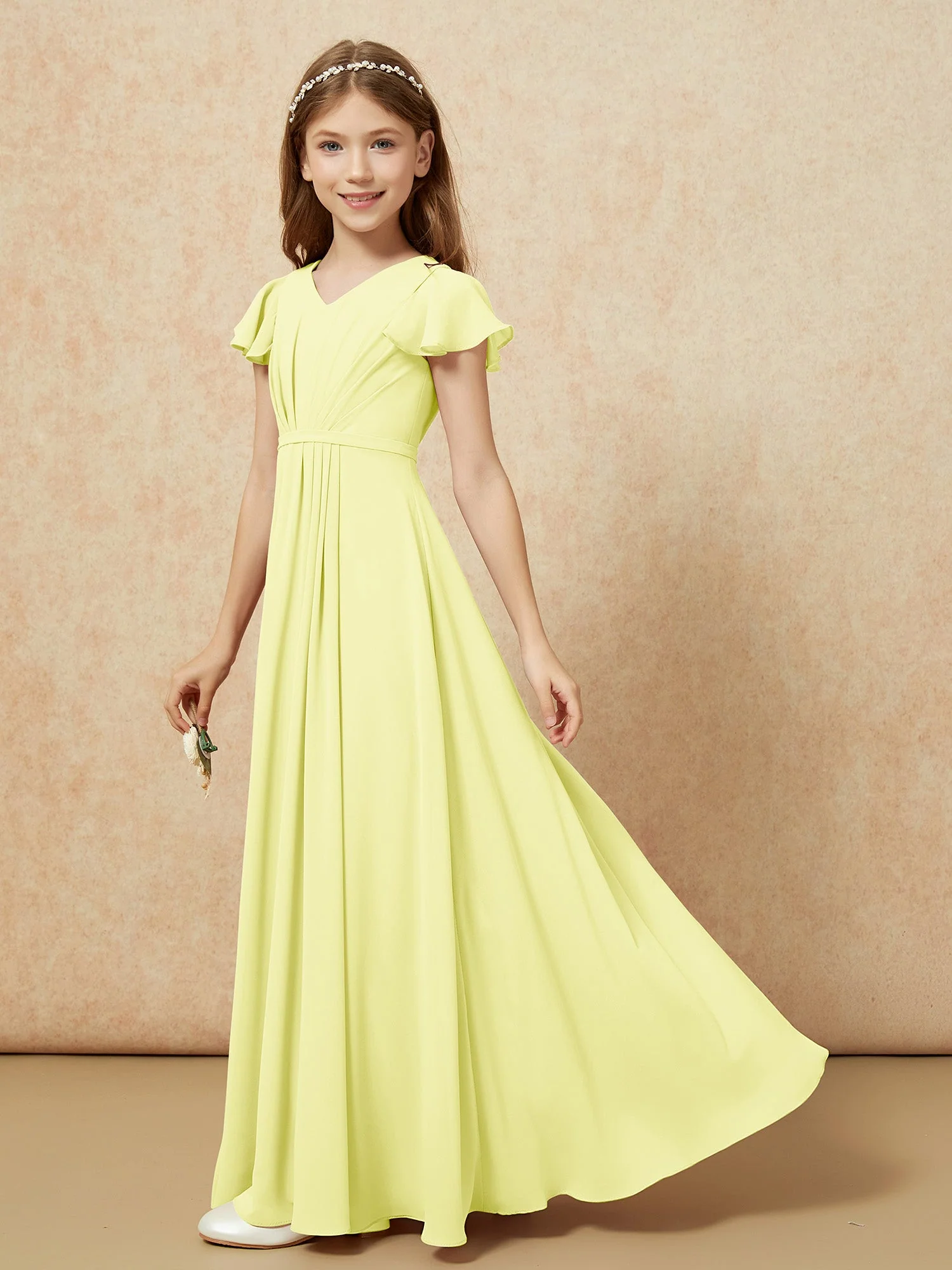 Flatterärmel V-Ausschnitt Chiffon Junge Brautjungfernkleider Narzisse - Image 3