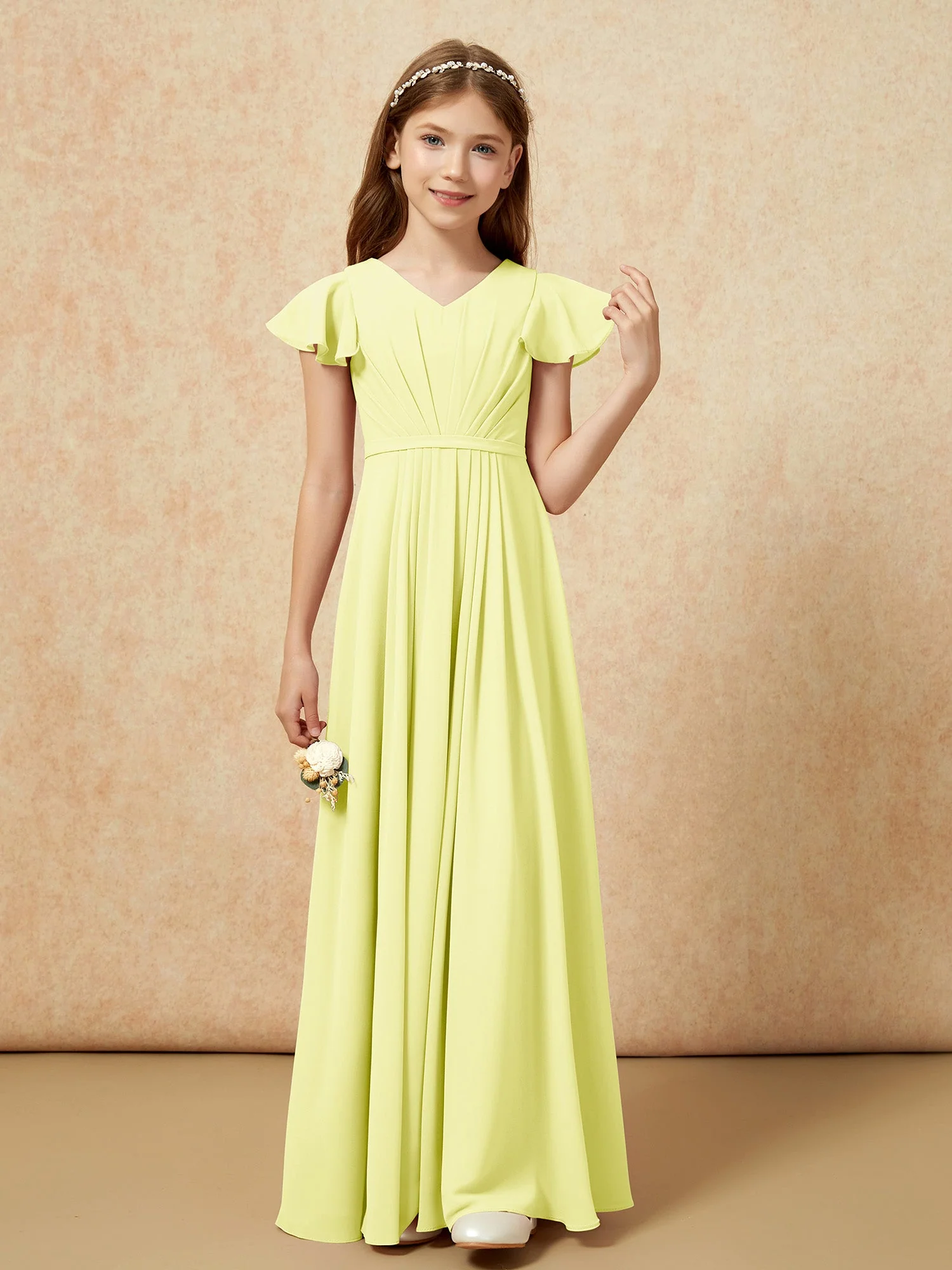 Flatterärmel V-Ausschnitt Chiffon Junge Brautjungfernkleider Narzisse - Image 4