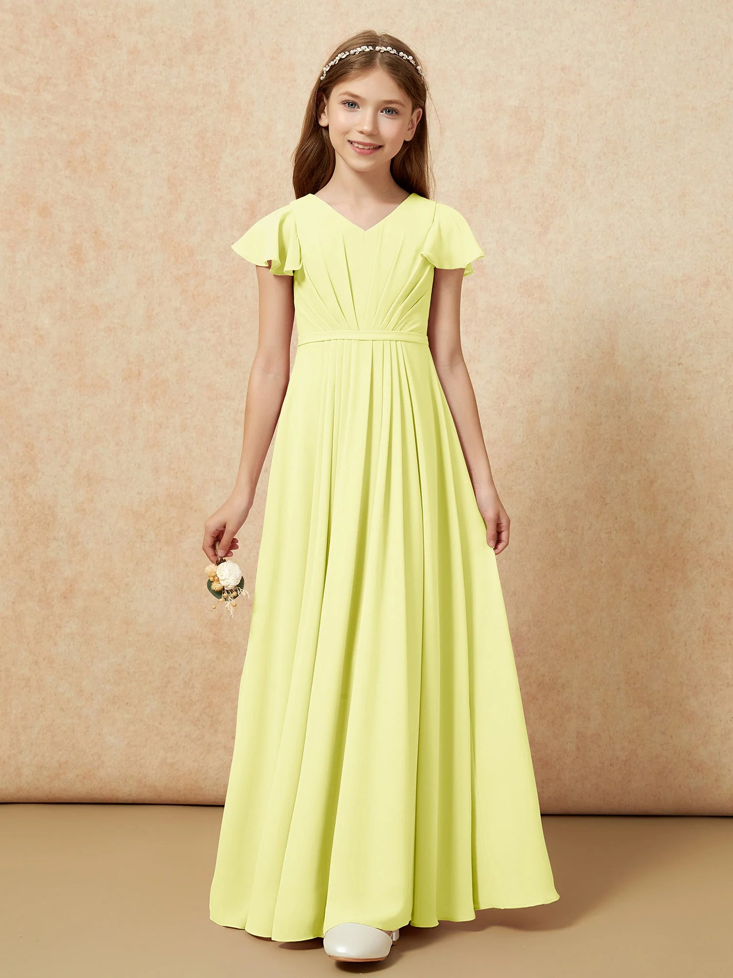 Flatterärmel V-Ausschnitt Chiffon Junge Brautjungfernkleider Narzisse - Image 6