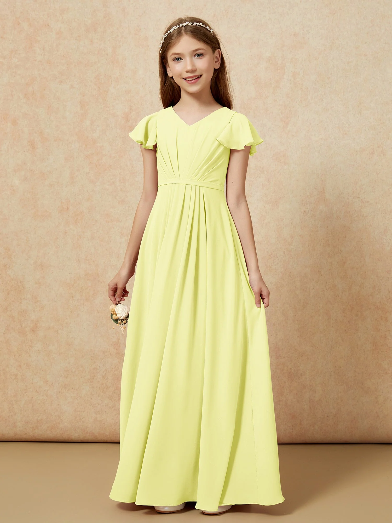 Flatterärmel V-Ausschnitt Chiffon Junge Brautjungfernkleider Narzisse - Image 7