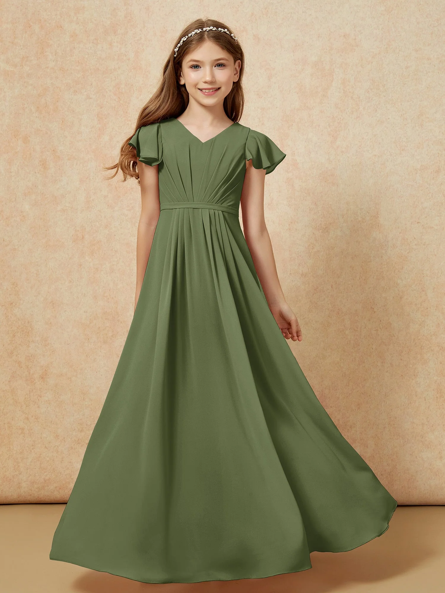 Flatterärmel V-Ausschnitt Chiffon Junge Brautjungfernkleider Olivgrün