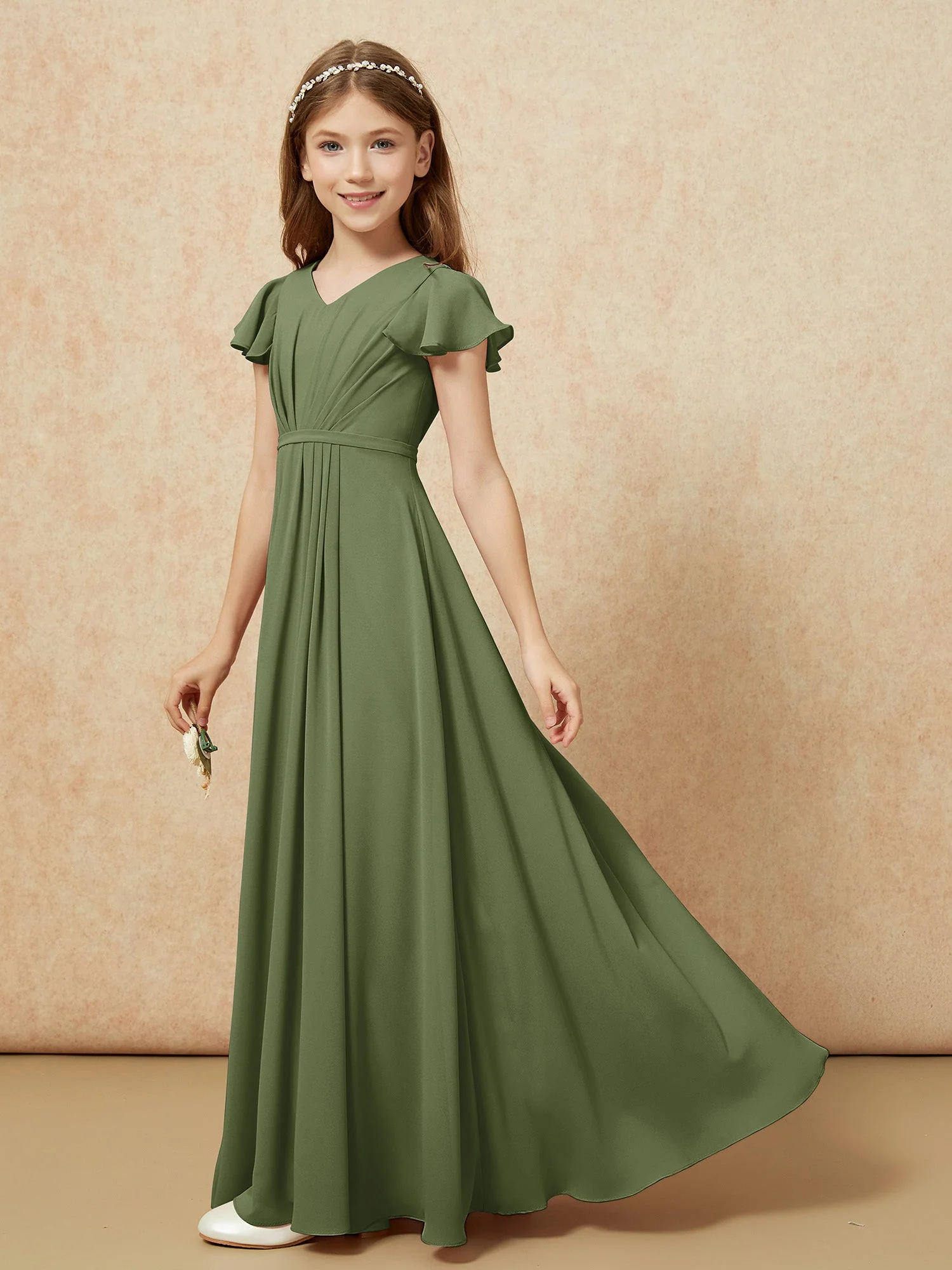 Flatterärmel V-Ausschnitt Chiffon Junge Brautjungfernkleider Olivgrün - Image 3
