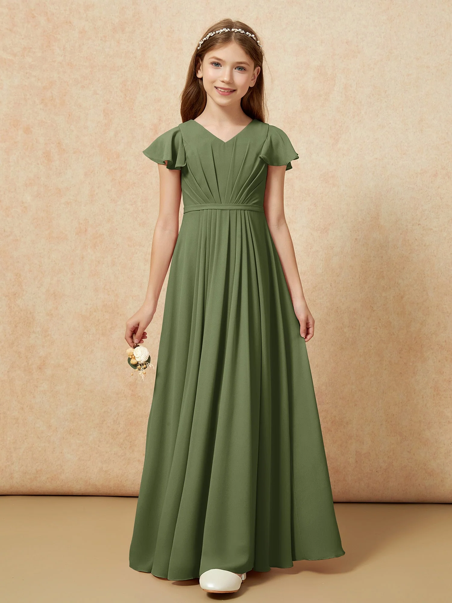 Flatterärmel V-Ausschnitt Chiffon Junge Brautjungfernkleider Olivgrün - Image 6