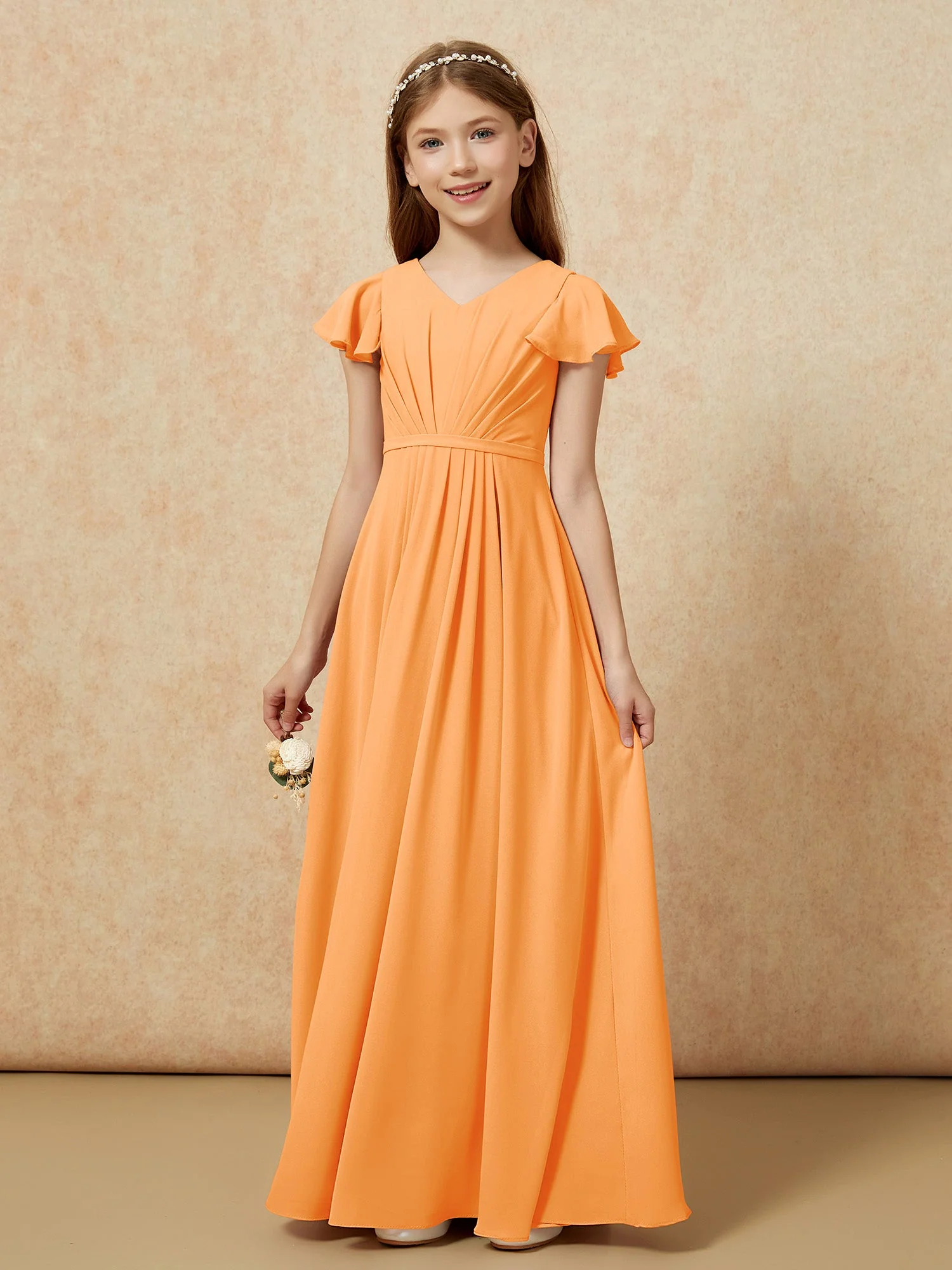 Flatterärmel V-Ausschnitt Chiffon Junge Brautjungfernkleider Orange - Image 7
