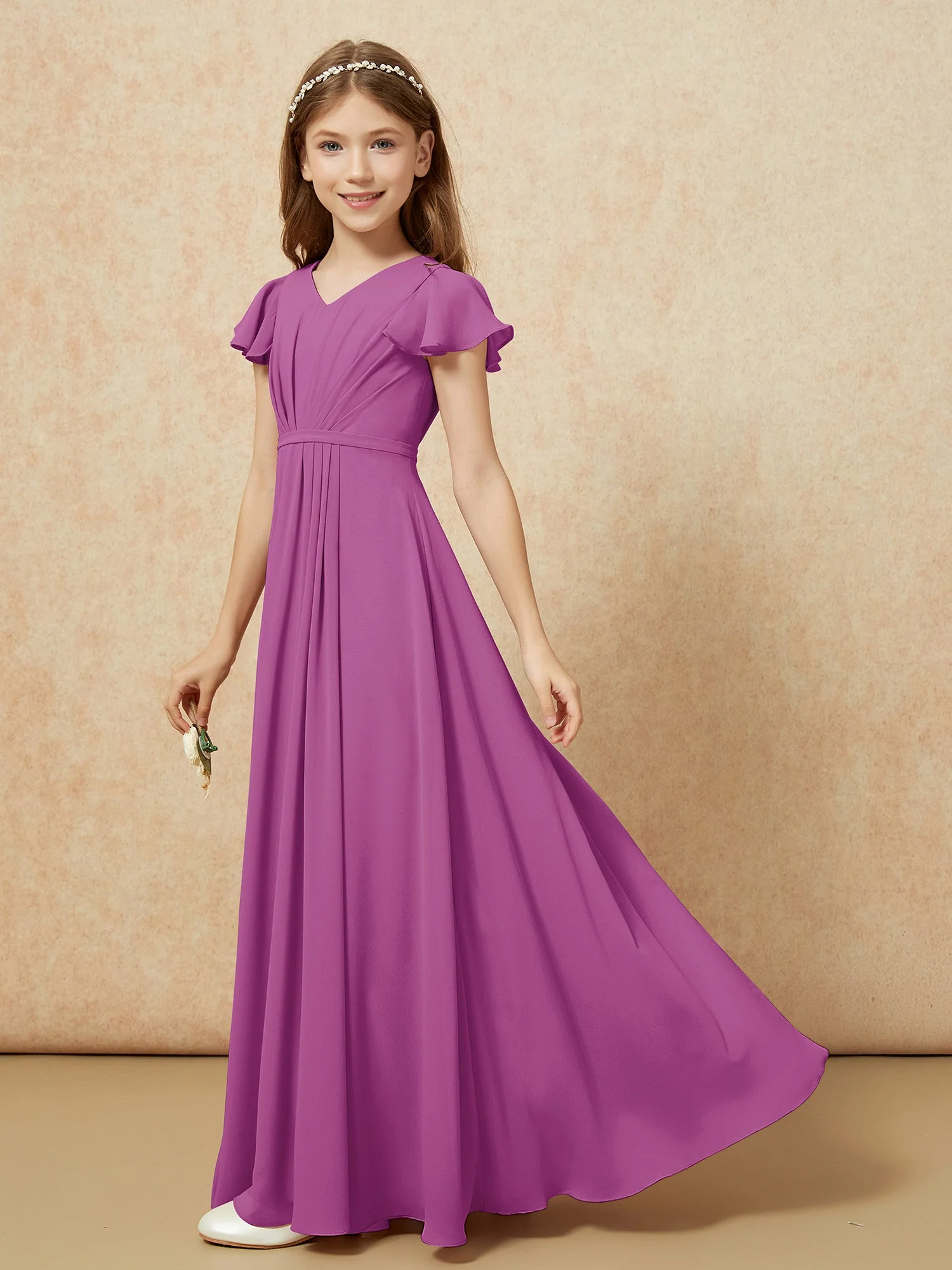 Flatterärmel V-Ausschnitt Chiffon Junge Brautjungfernkleider Orchidee - Image 3