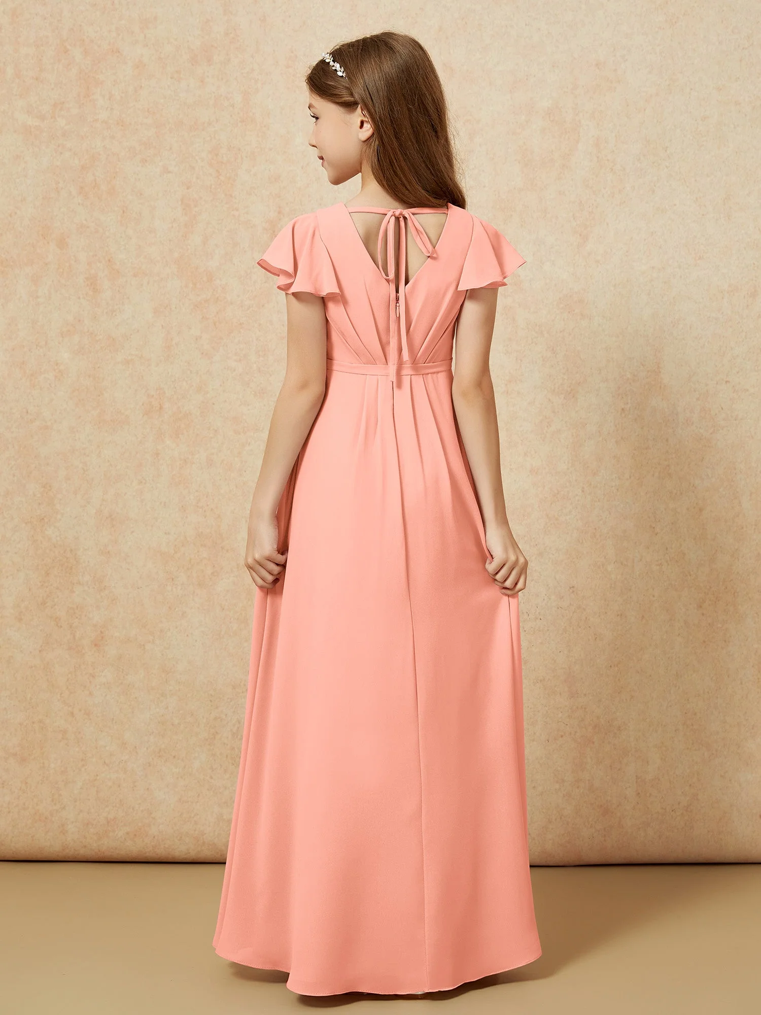 Flatterärmel V-Ausschnitt Chiffon Junge Brautjungfernkleider Papaya - Image 2