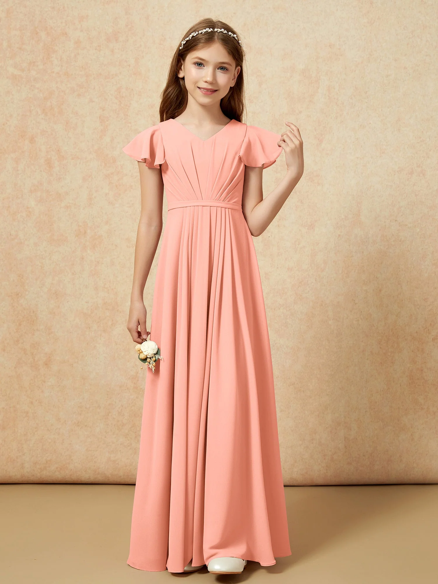 Flatterärmel V-Ausschnitt Chiffon Junge Brautjungfernkleider Papaya - Image 4