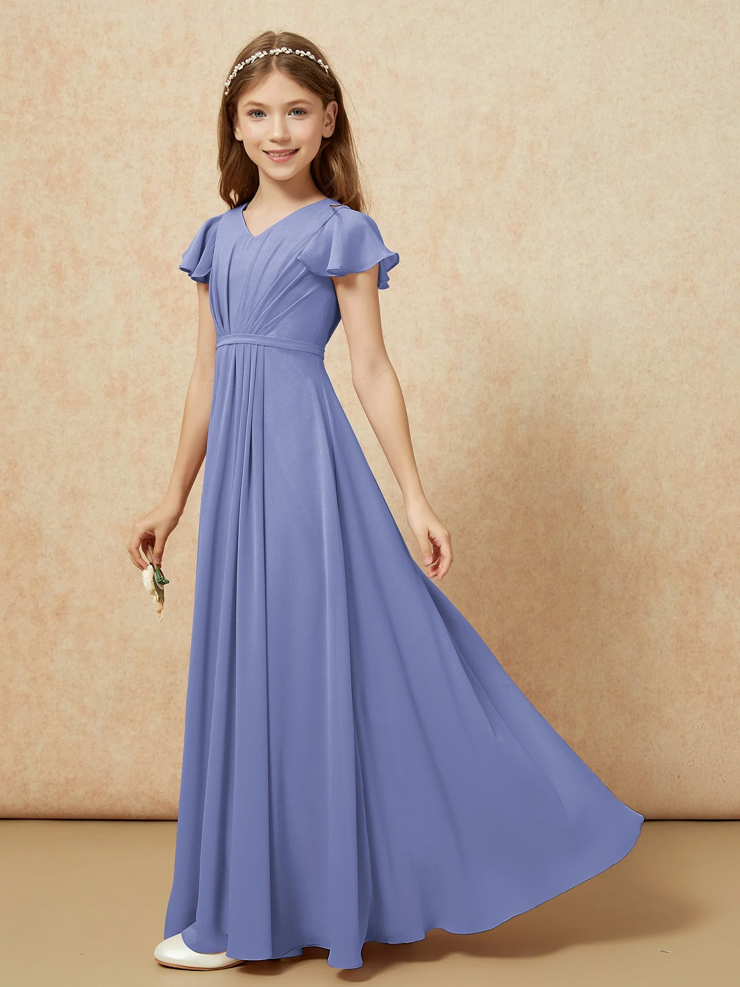 FlatterÀrmel V-Ausschnitt Chiffon Junge Brautjungfernkleider Periwinkleblau - Image 3