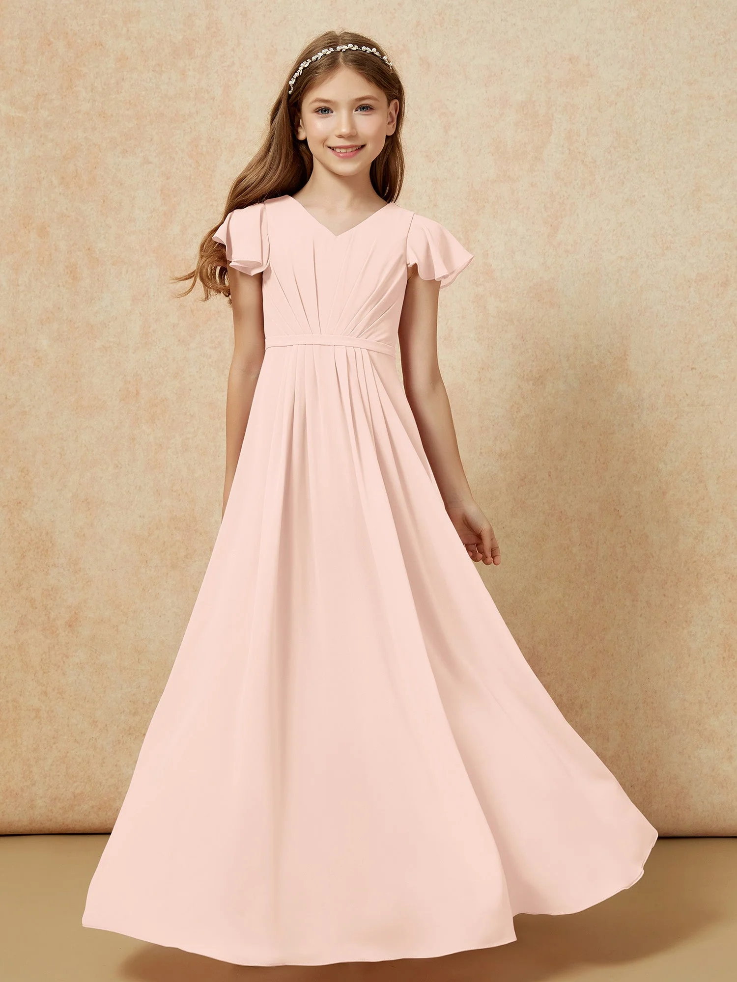 Flatterärmel V-Ausschnitt Chiffon Junge Brautjungfernkleider Perlrosa