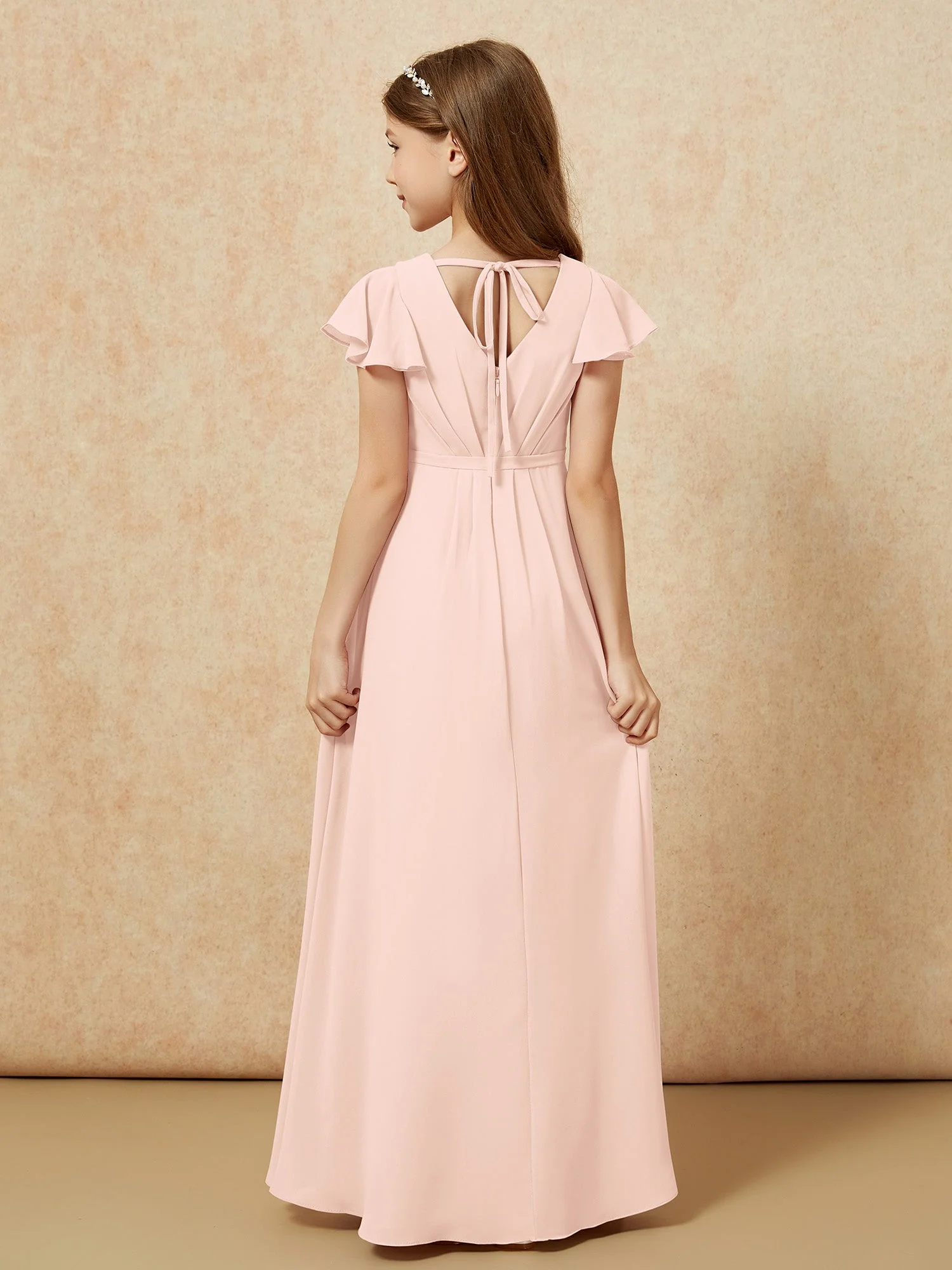 Flatterärmel V-Ausschnitt Chiffon Junge Brautjungfernkleider Perlrosa - Image 2