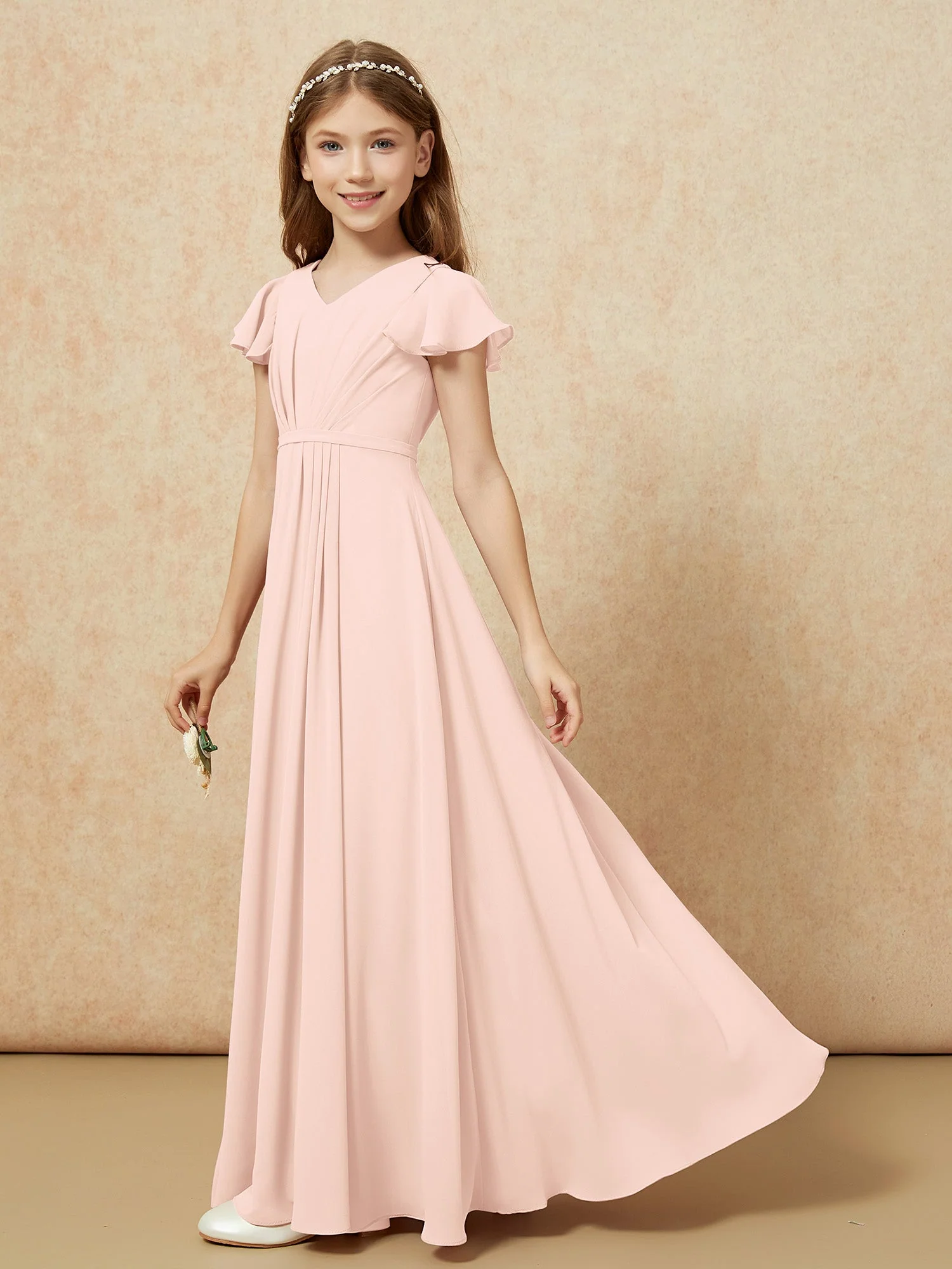 Flatterärmel V-Ausschnitt Chiffon Junge Brautjungfernkleider Perlrosa - Image 3
