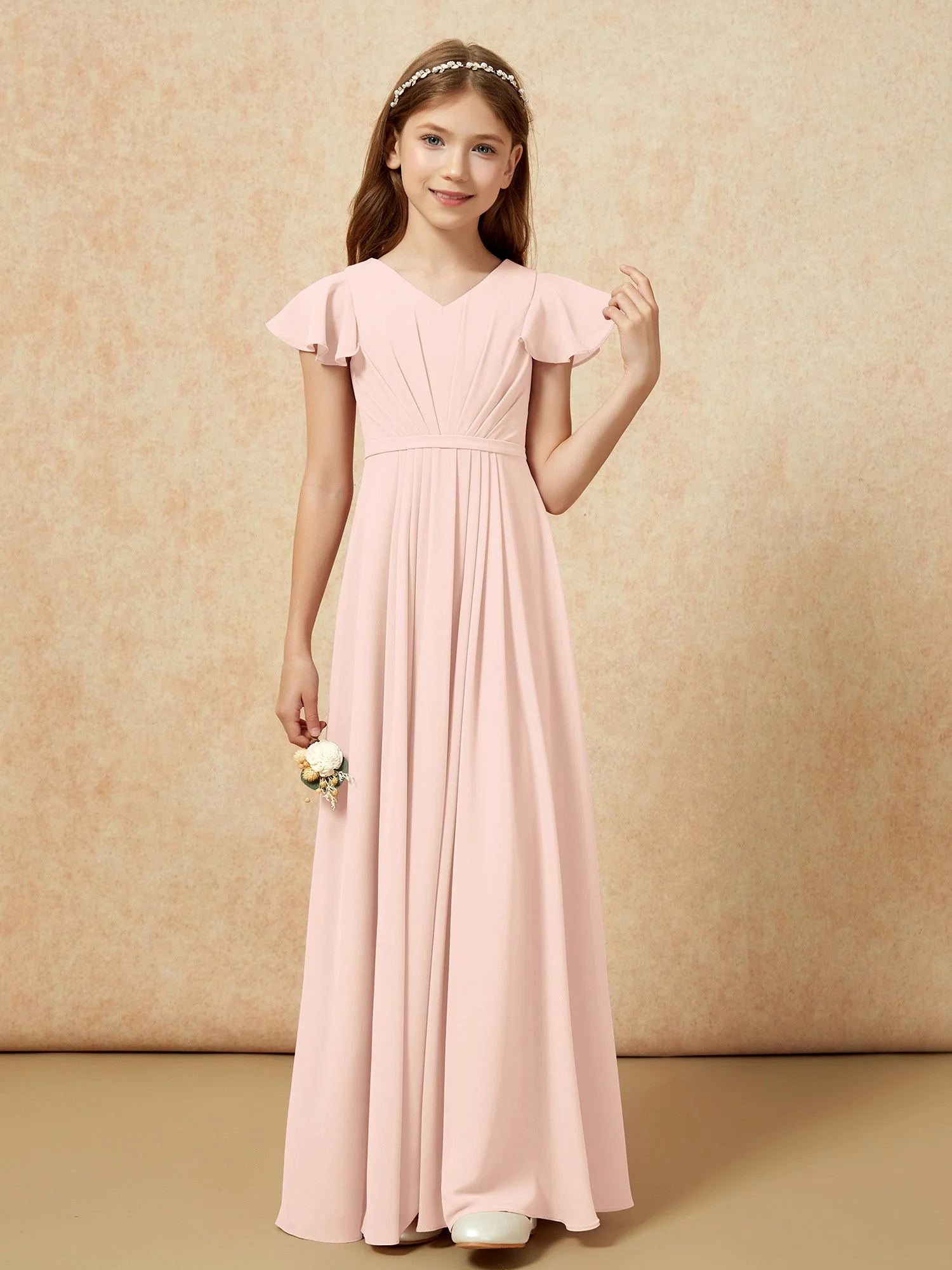 Flatterärmel V-Ausschnitt Chiffon Junge Brautjungfernkleider Perlrosa - Image 4