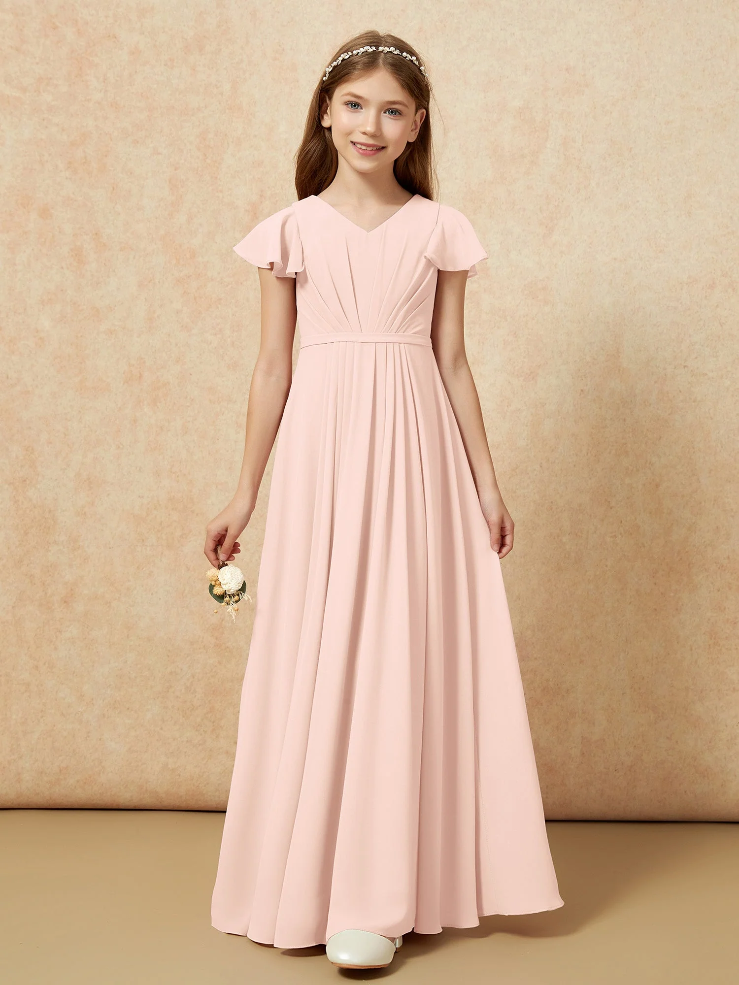 Flatterärmel V-Ausschnitt Chiffon Junge Brautjungfernkleider Perlrosa - Image 6