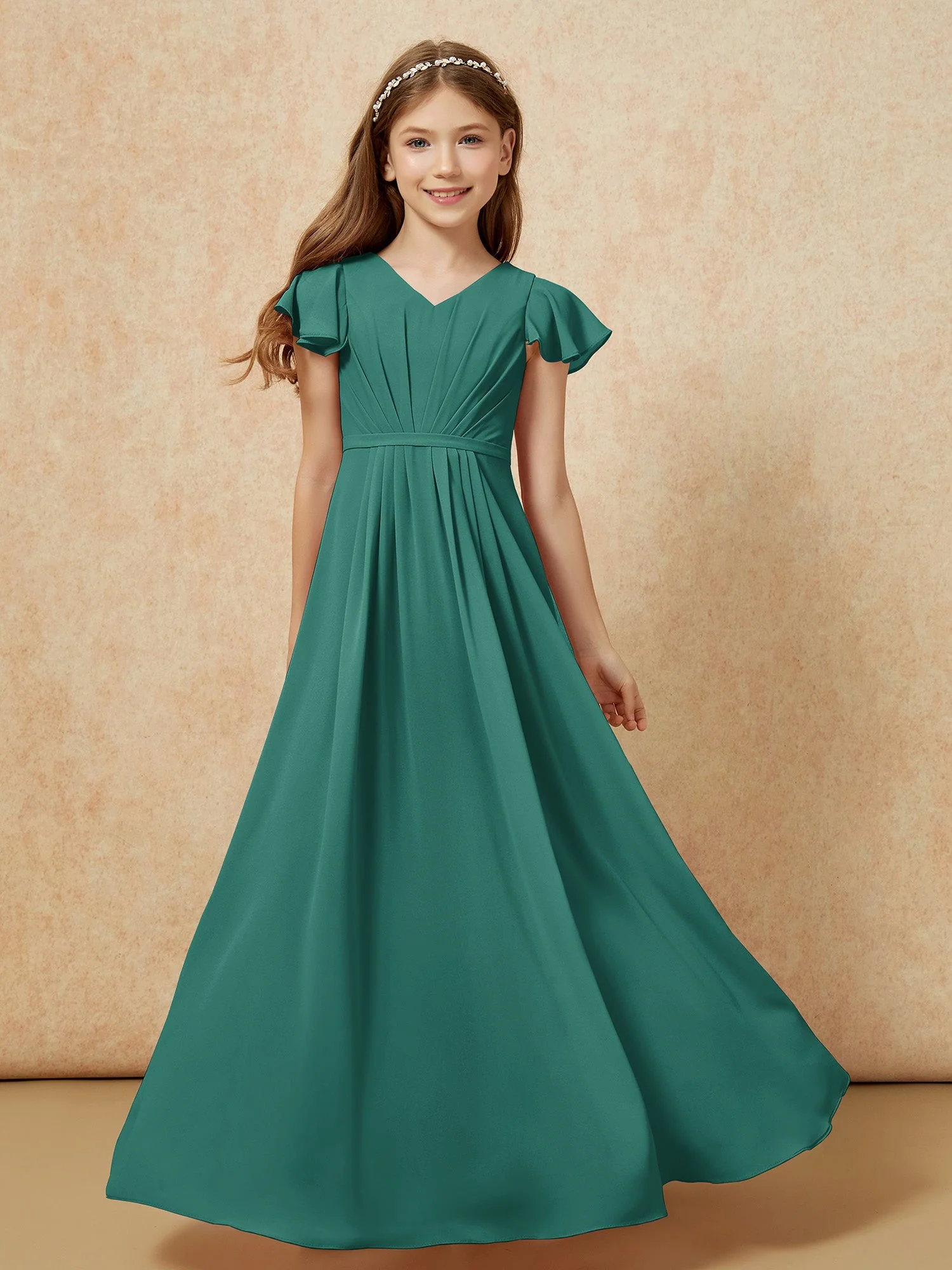 FlatterÀrmel V-Ausschnitt Chiffon Junge Brautjungfernkleider Pfau