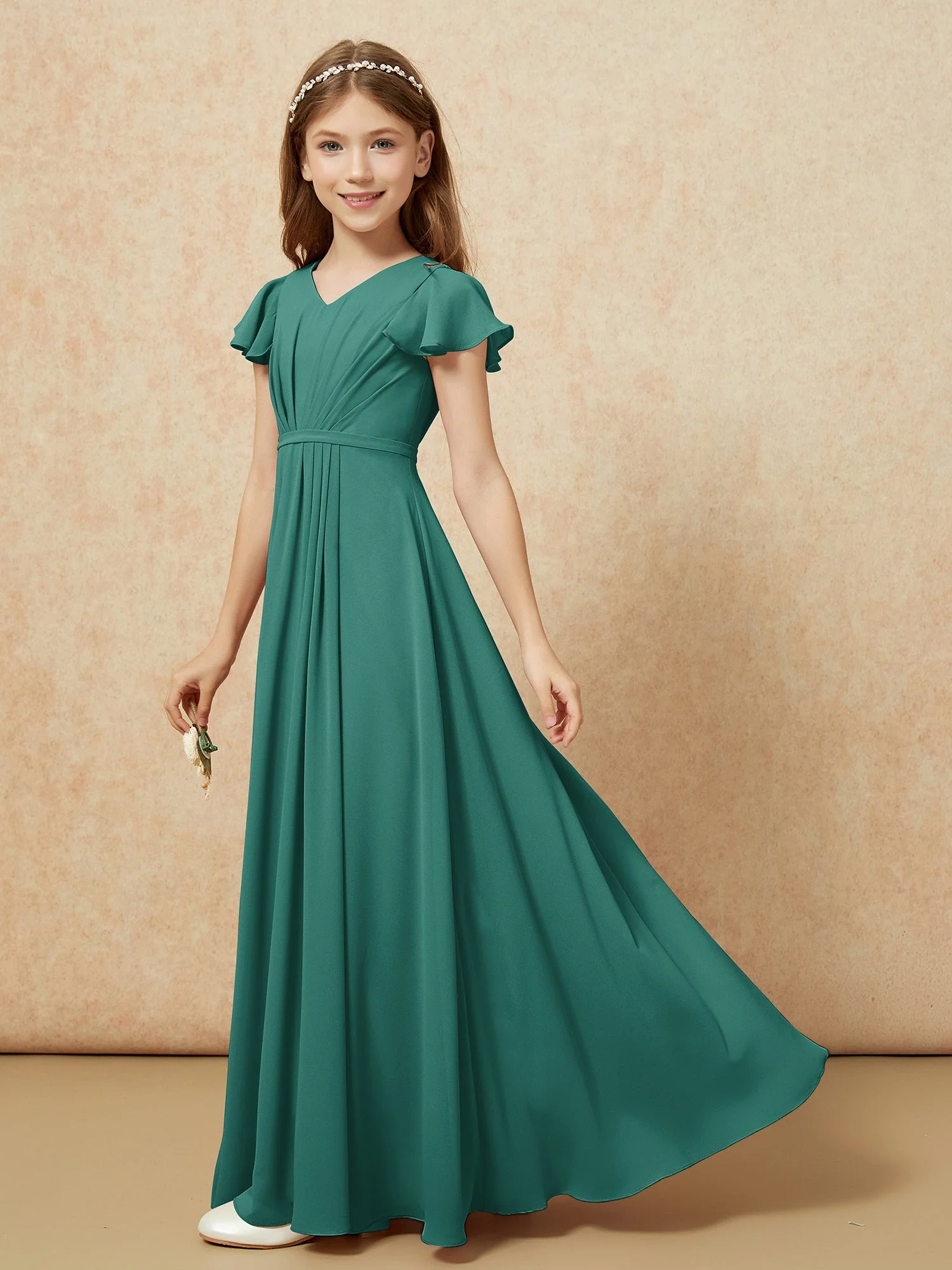 FlatterÀrmel V-Ausschnitt Chiffon Junge Brautjungfernkleider Pfau - Image 3