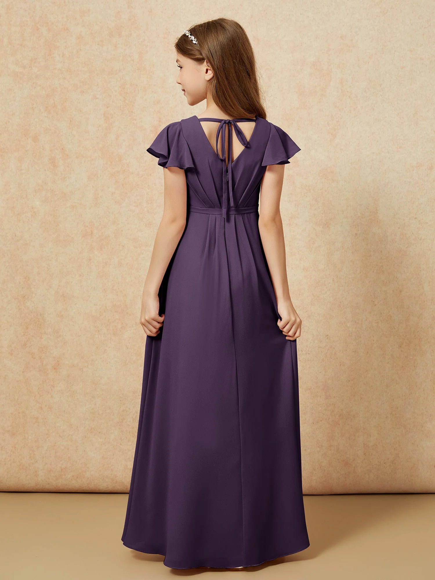 Flatterärmel V-Ausschnitt Chiffon Junge Brautjungfernkleider Plum - Image 2