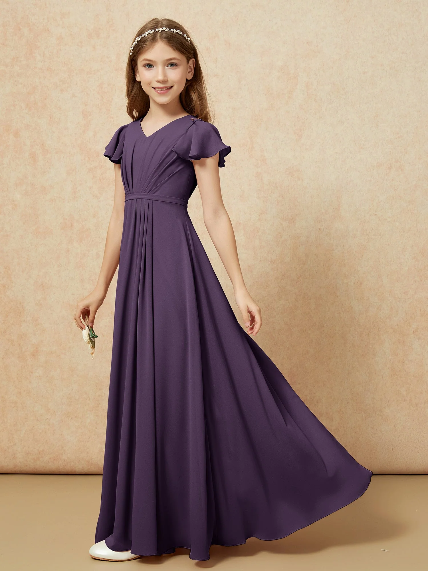 Flatterärmel V-Ausschnitt Chiffon Junge Brautjungfernkleider Plum - Image 3