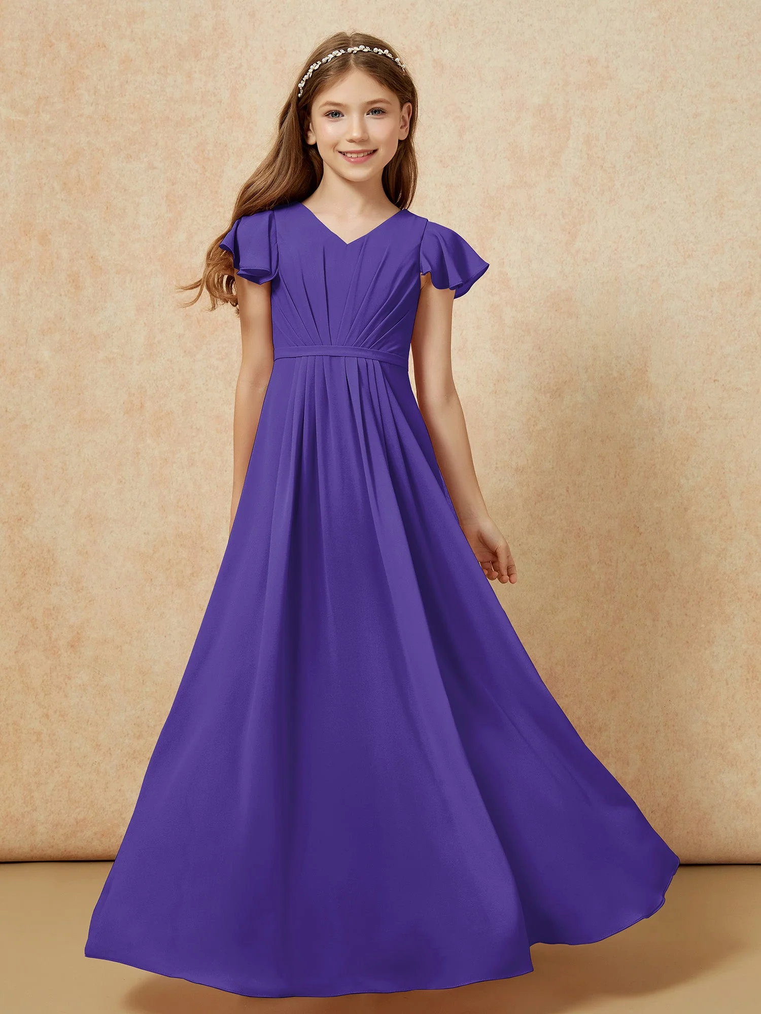 FlatterÀrmel V-Ausschnitt Chiffon Junge Brautjungfernkleider Regentschaft