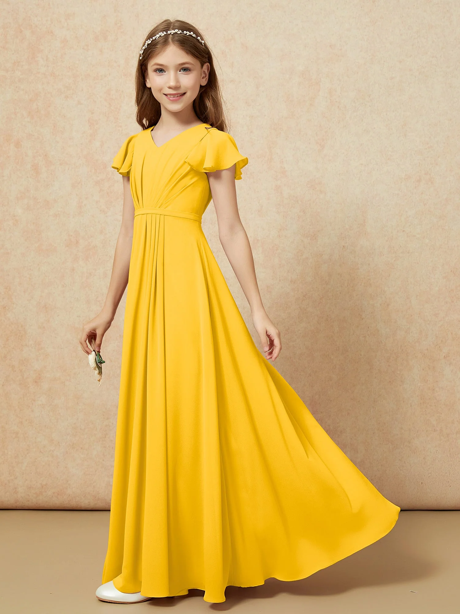 Flatterärmel V-Ausschnitt Chiffon Junge Brautjungfernkleider Ringelblume - Image 3