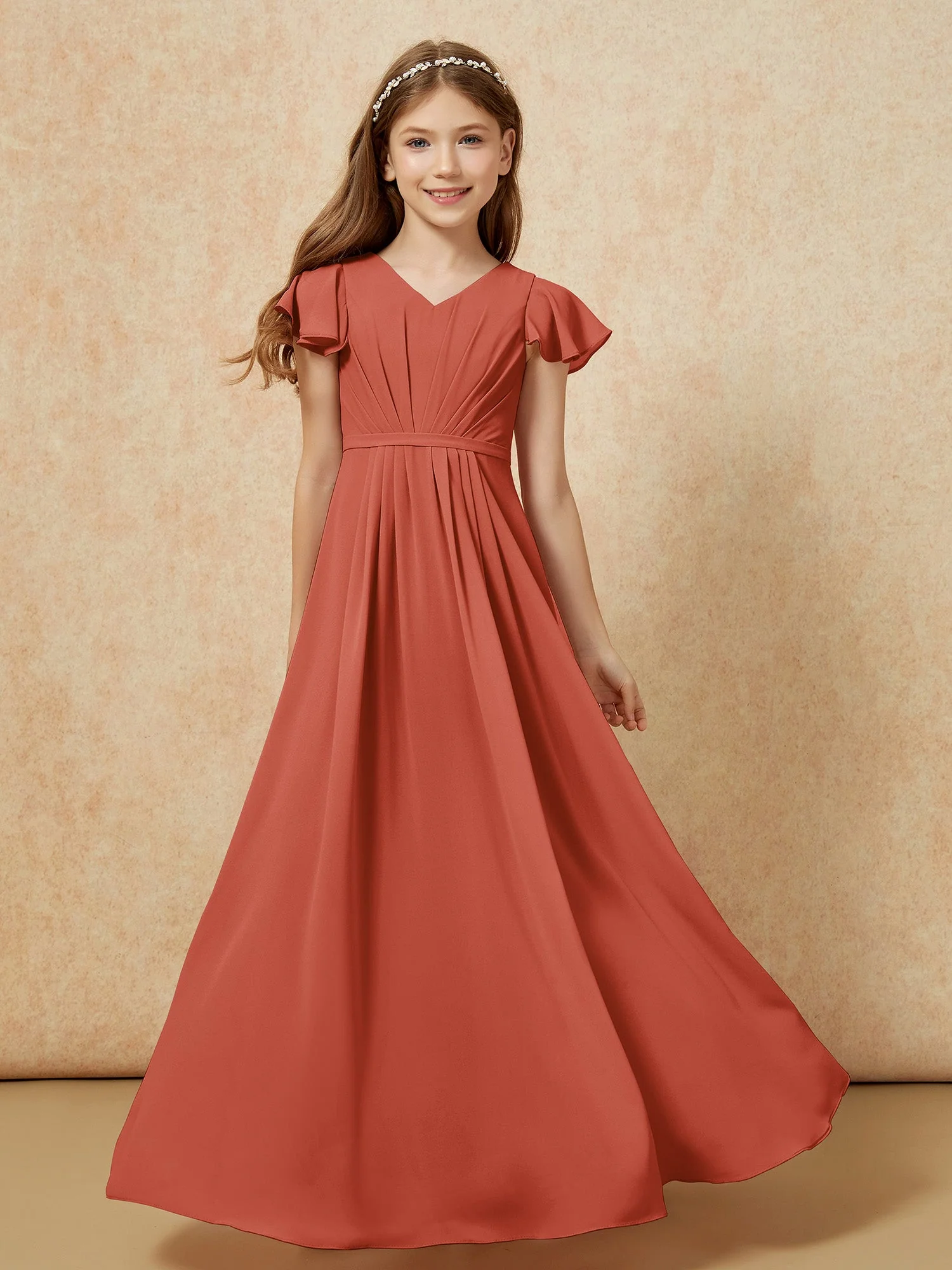 FlatterÀrmel V-Ausschnitt Chiffon Junge Brautjungfernkleider Rost