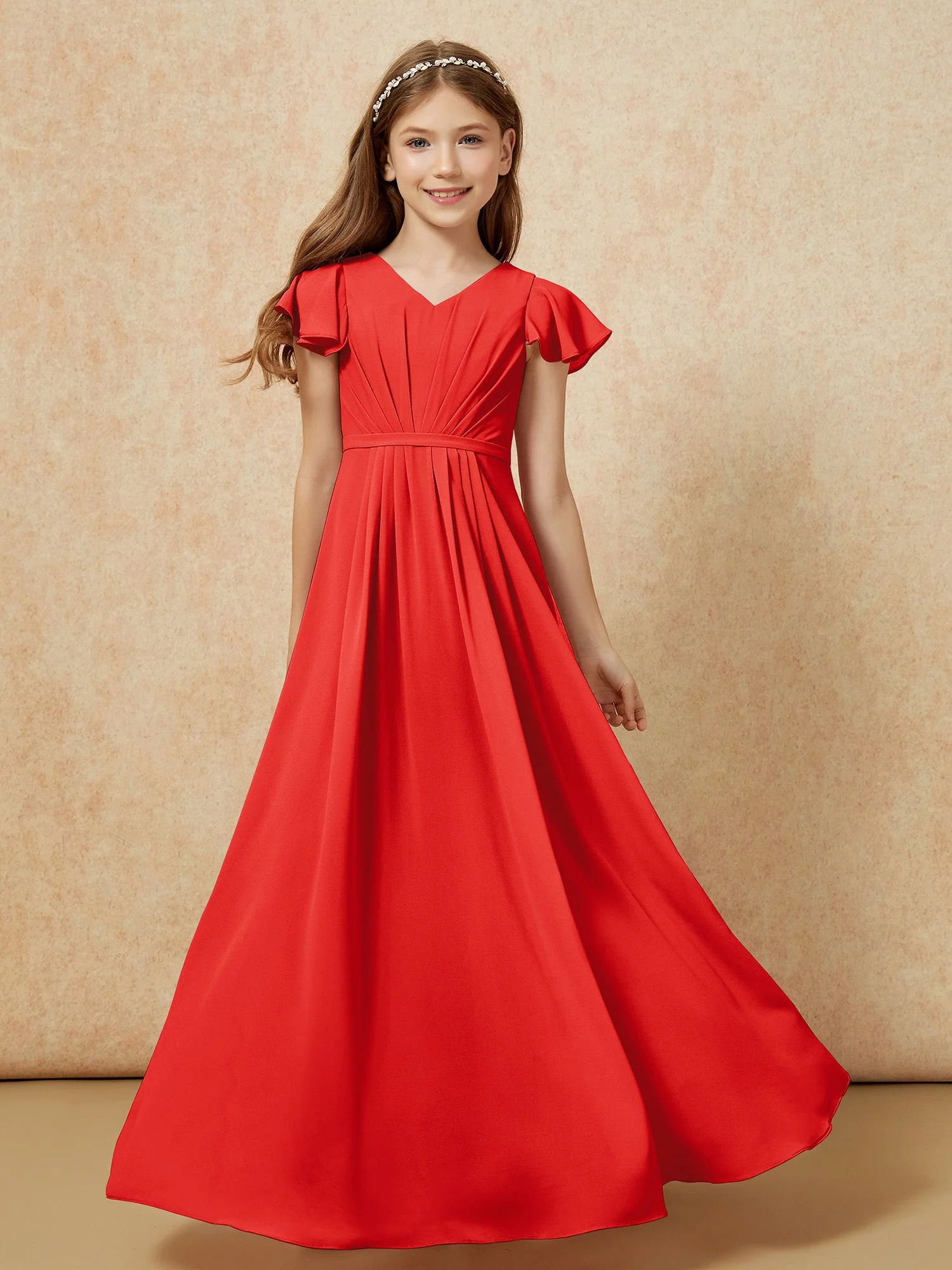 Flatterärmel V-Ausschnitt Chiffon Junge Brautjungfernkleider Rot