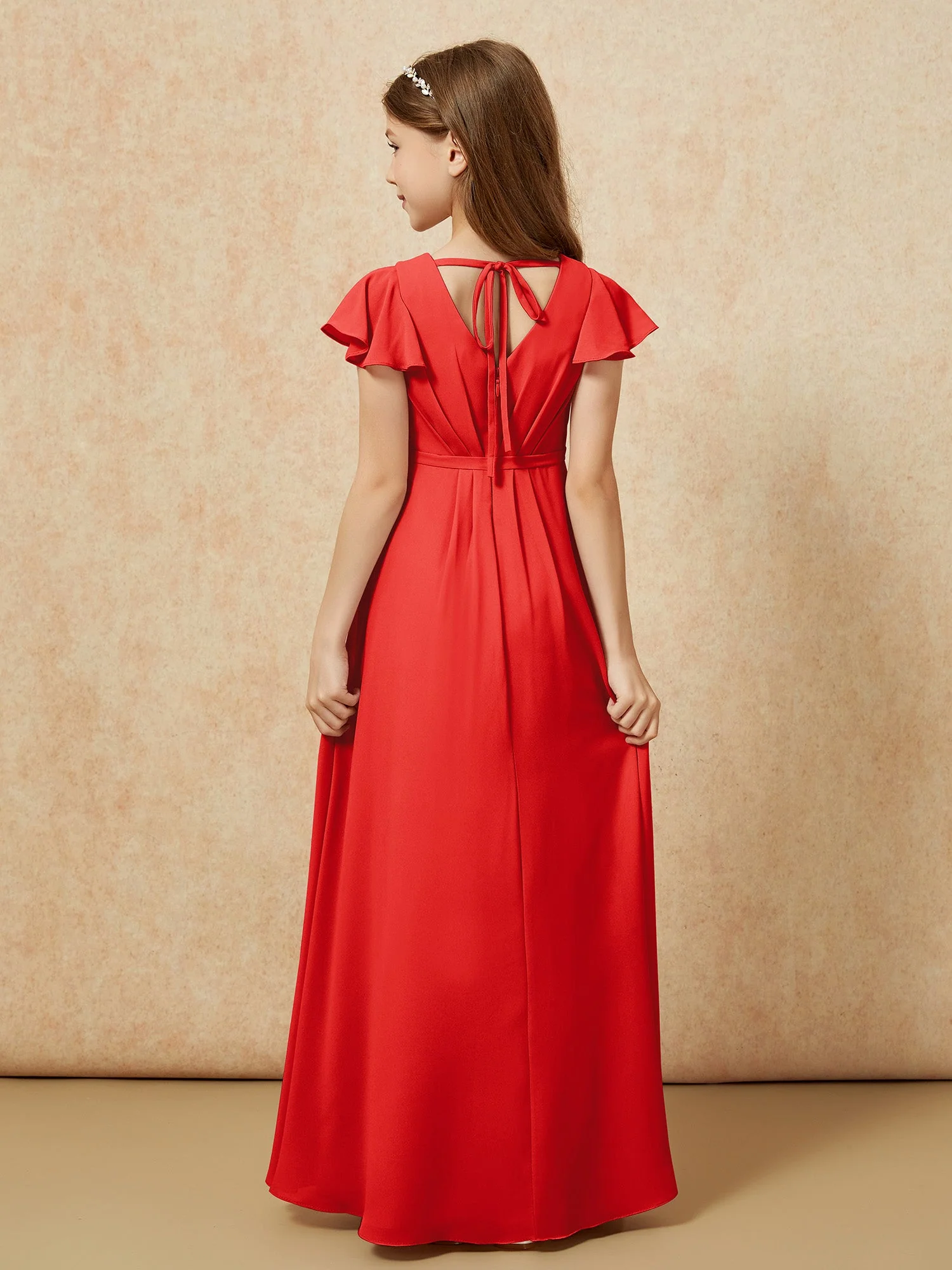 Flatterärmel V-Ausschnitt Chiffon Junge Brautjungfernkleider Rot - Image 2