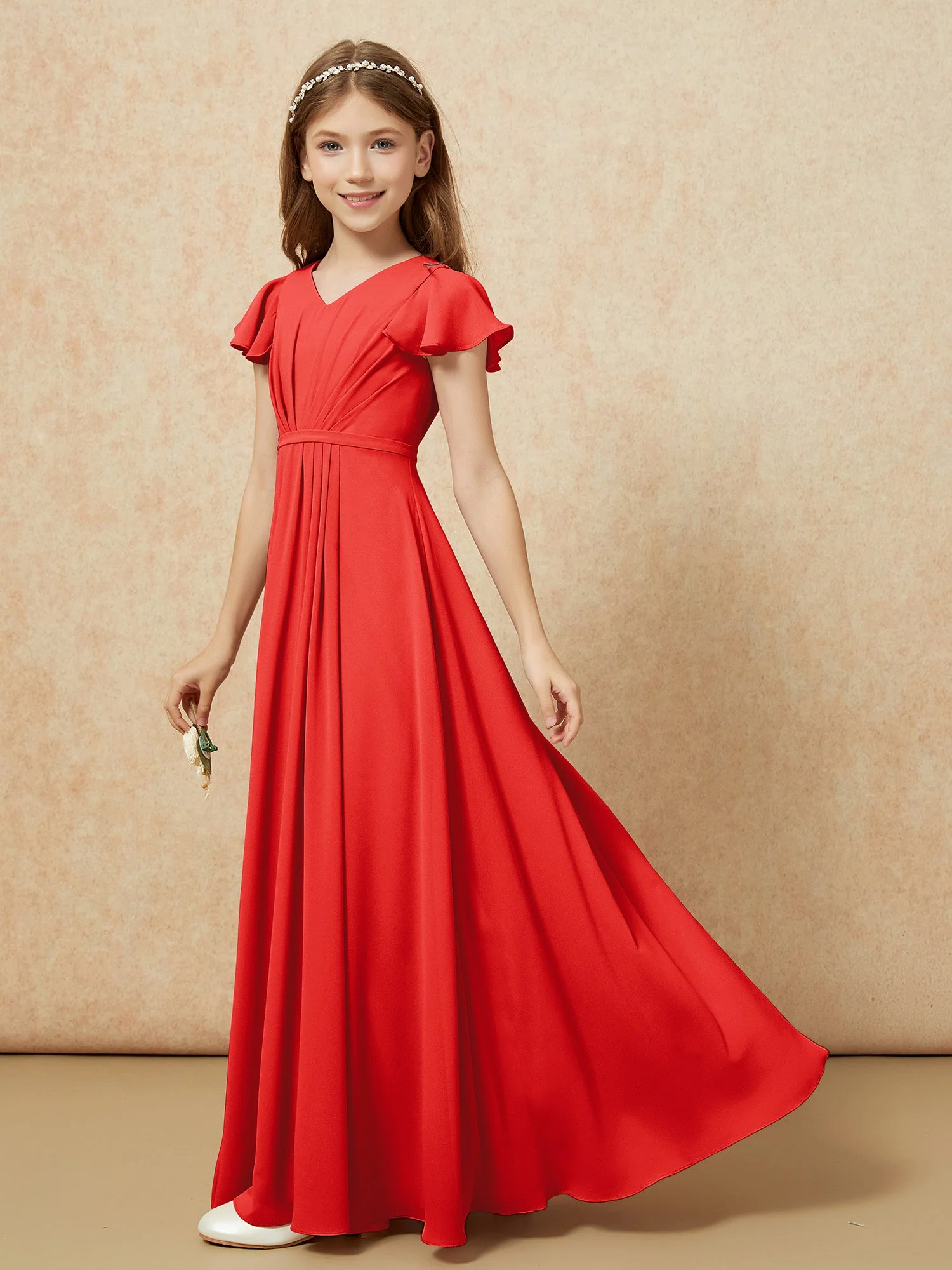 Flatterärmel V-Ausschnitt Chiffon Junge Brautjungfernkleider Rot - Image 3