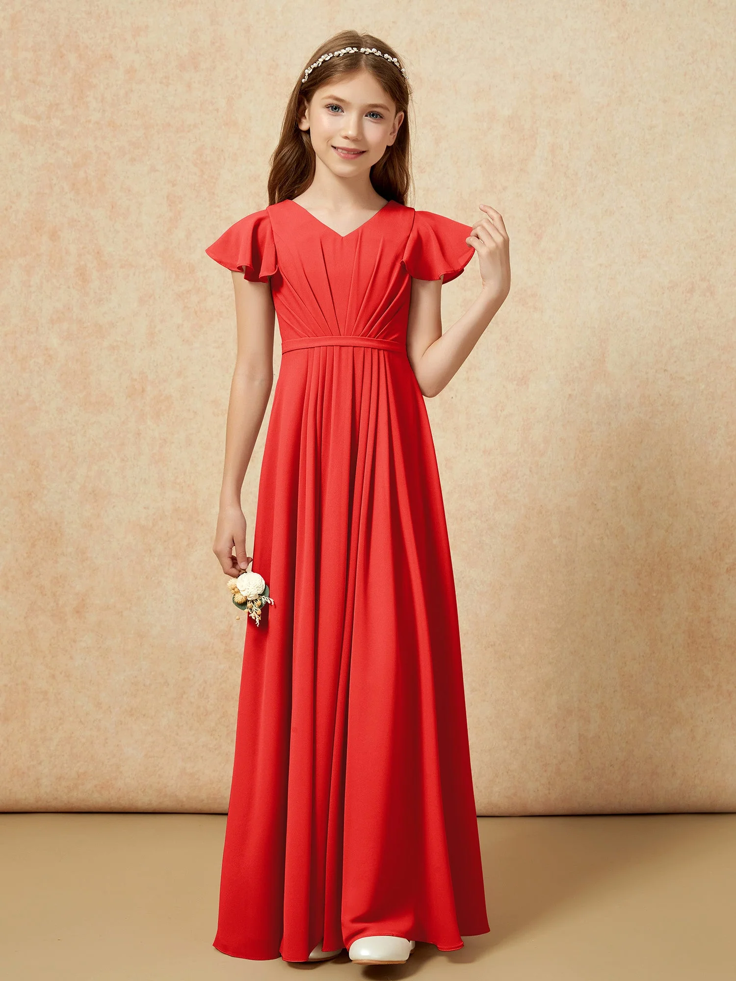 Flatterärmel V-Ausschnitt Chiffon Junge Brautjungfernkleider Rot - Image 4