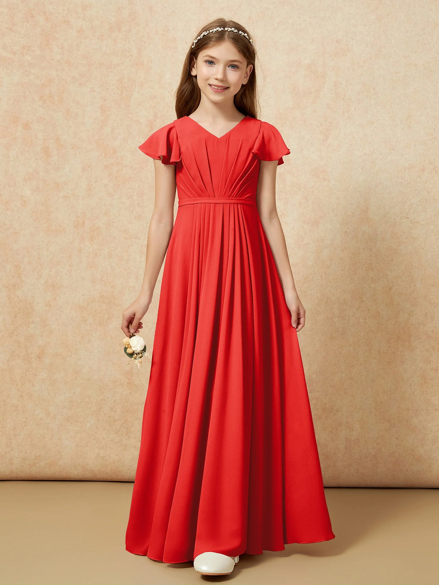 Flatterärmel V-Ausschnitt Chiffon Junge Brautjungfernkleider Rot - Image 6