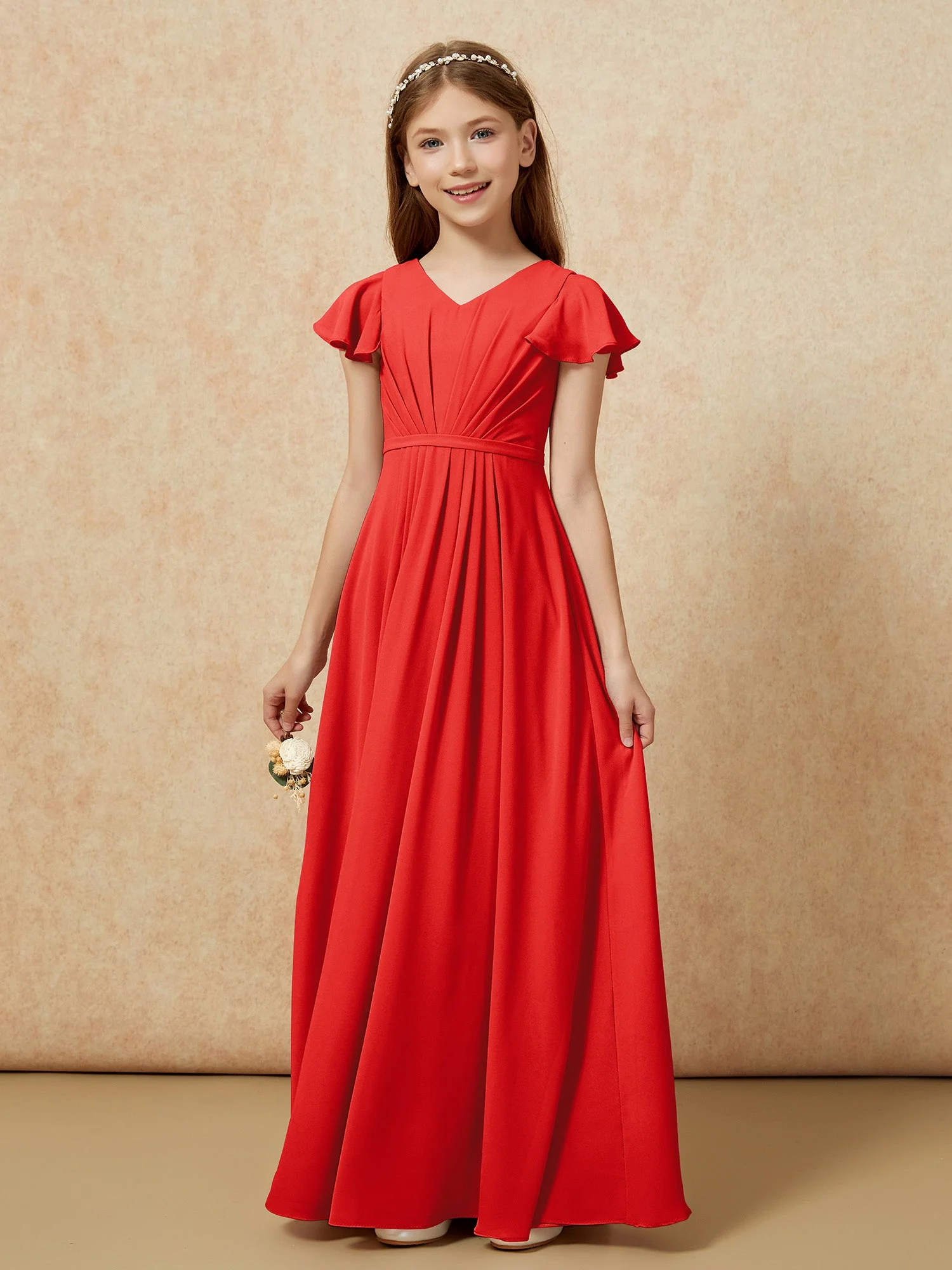 Flatterärmel V-Ausschnitt Chiffon Junge Brautjungfernkleider Rot - Image 7