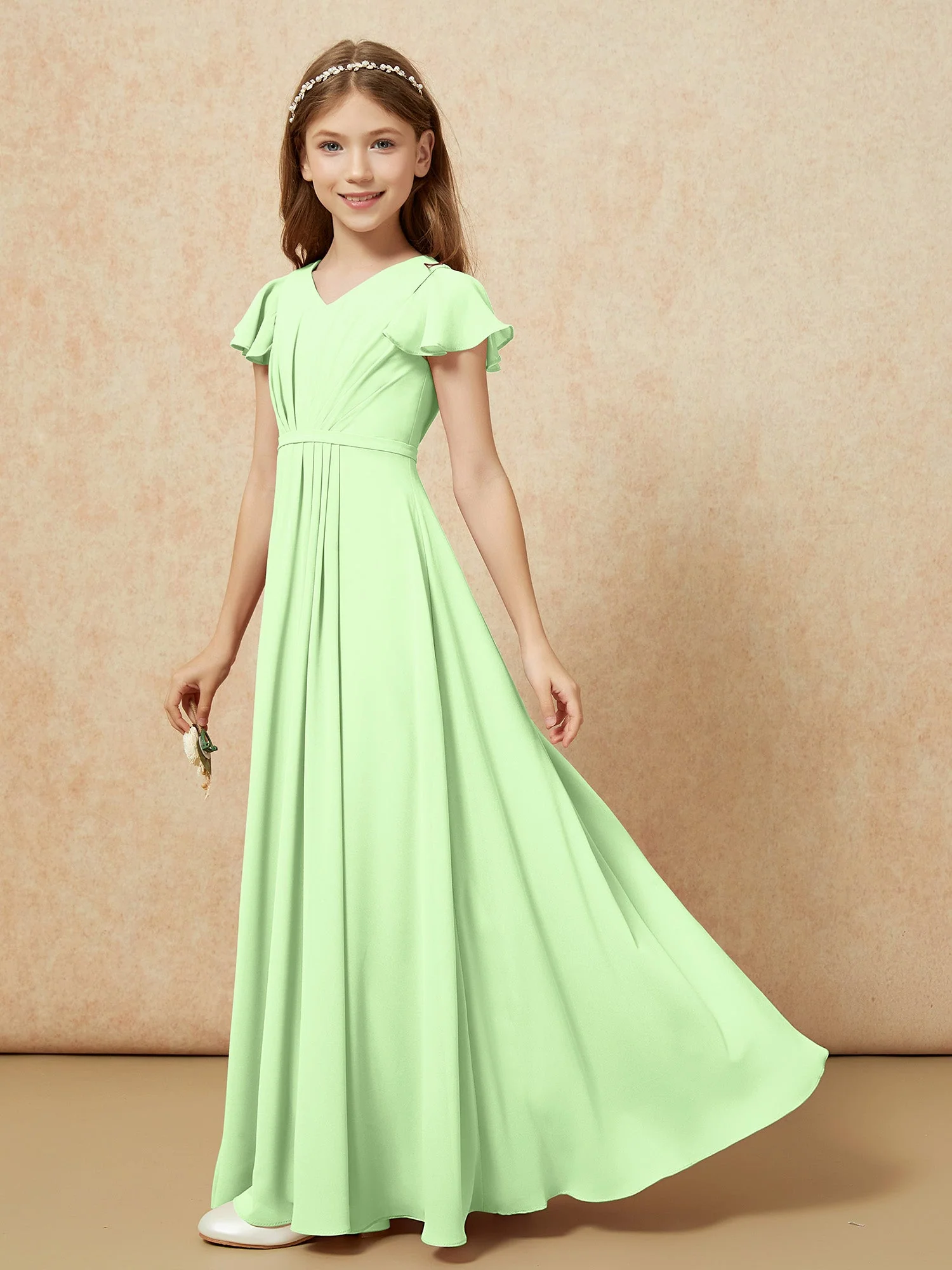 FlatterÀrmel V-Ausschnitt Chiffon Junge Brautjungfernkleider Salbei - Image 3