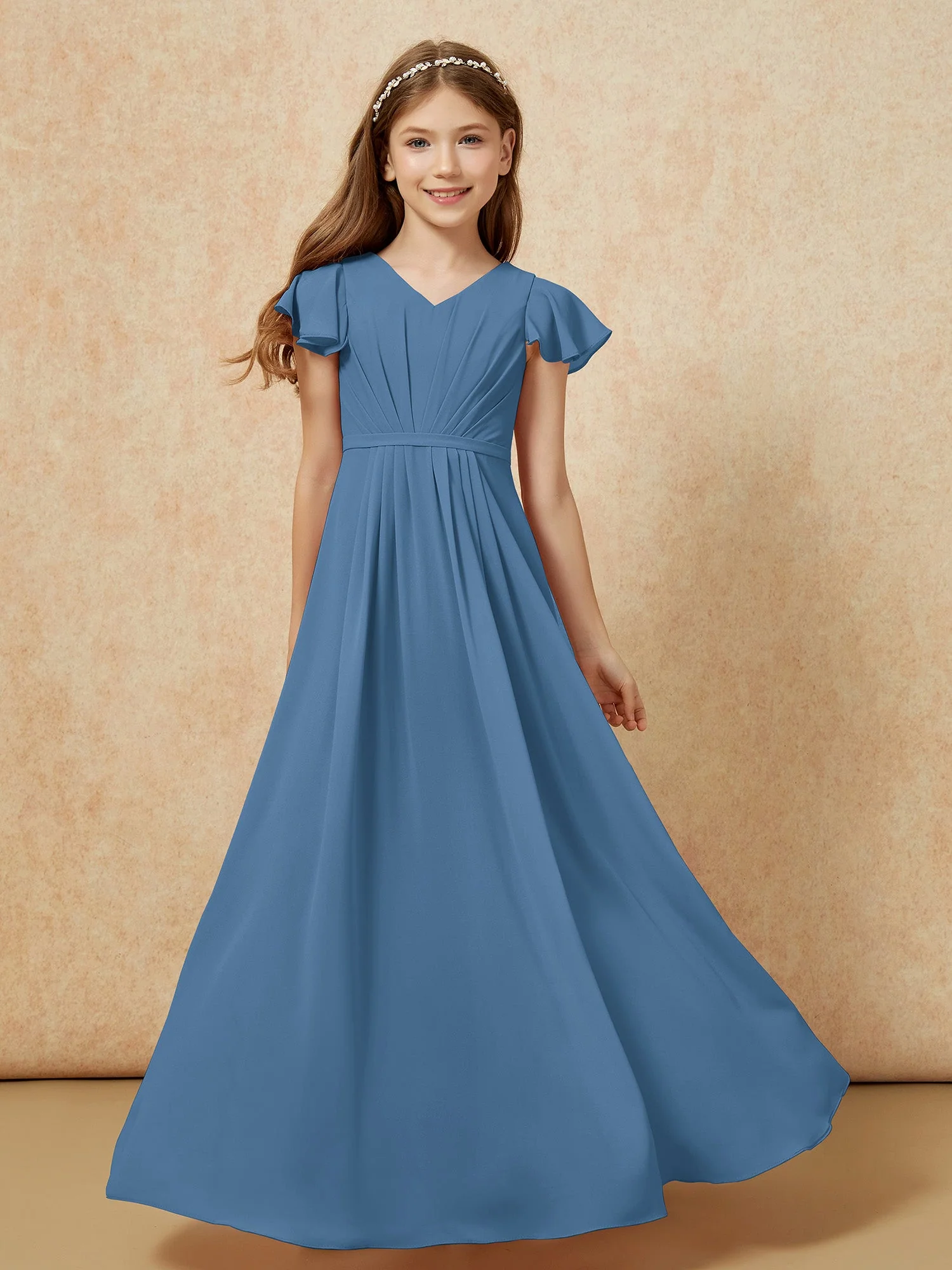 Flatterärmel V-Ausschnitt Chiffon Junge Brautjungfernkleider Schiefer Blau