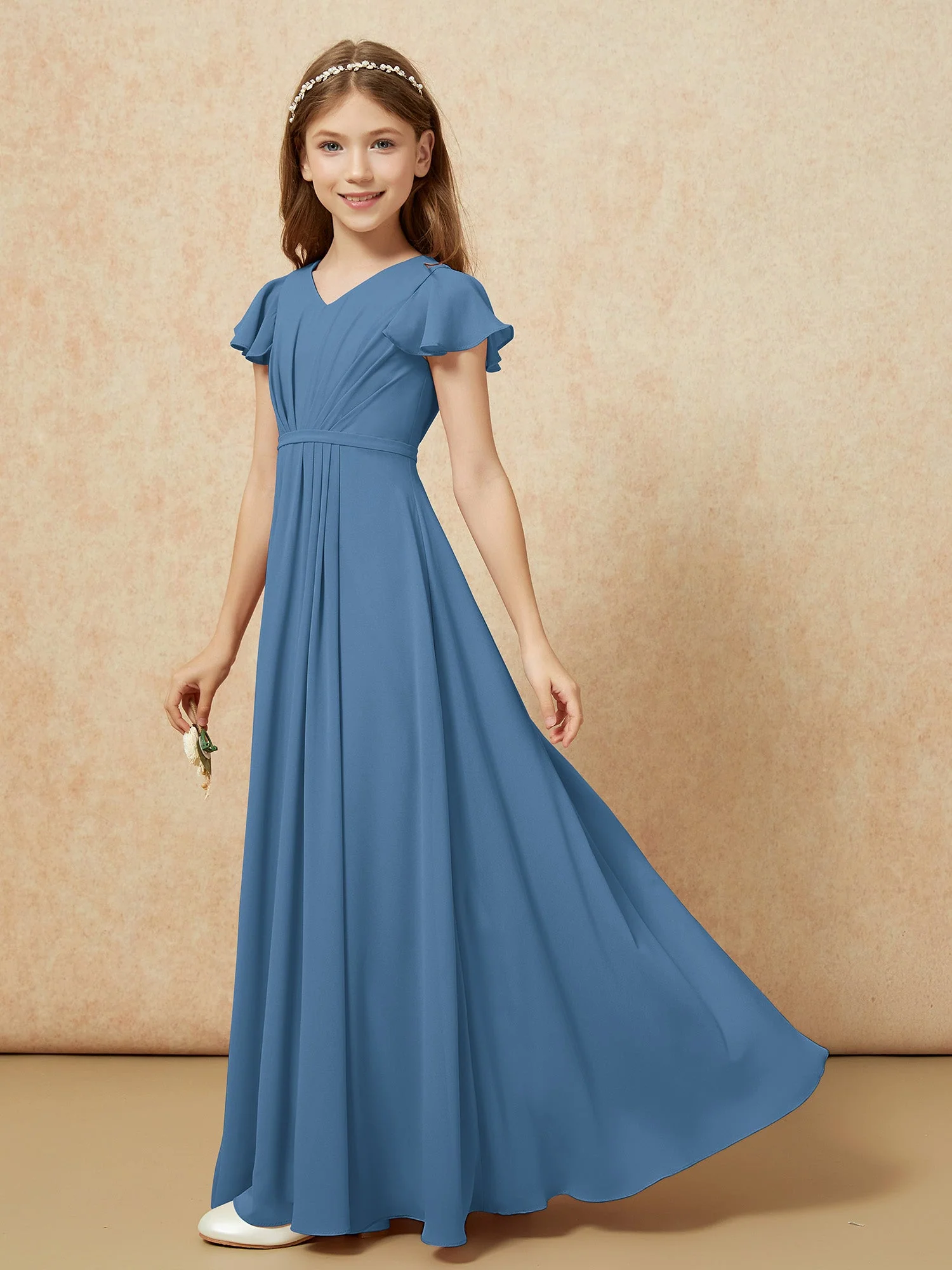 Flatterärmel V-Ausschnitt Chiffon Junge Brautjungfernkleider Schiefer Blau - Image 3