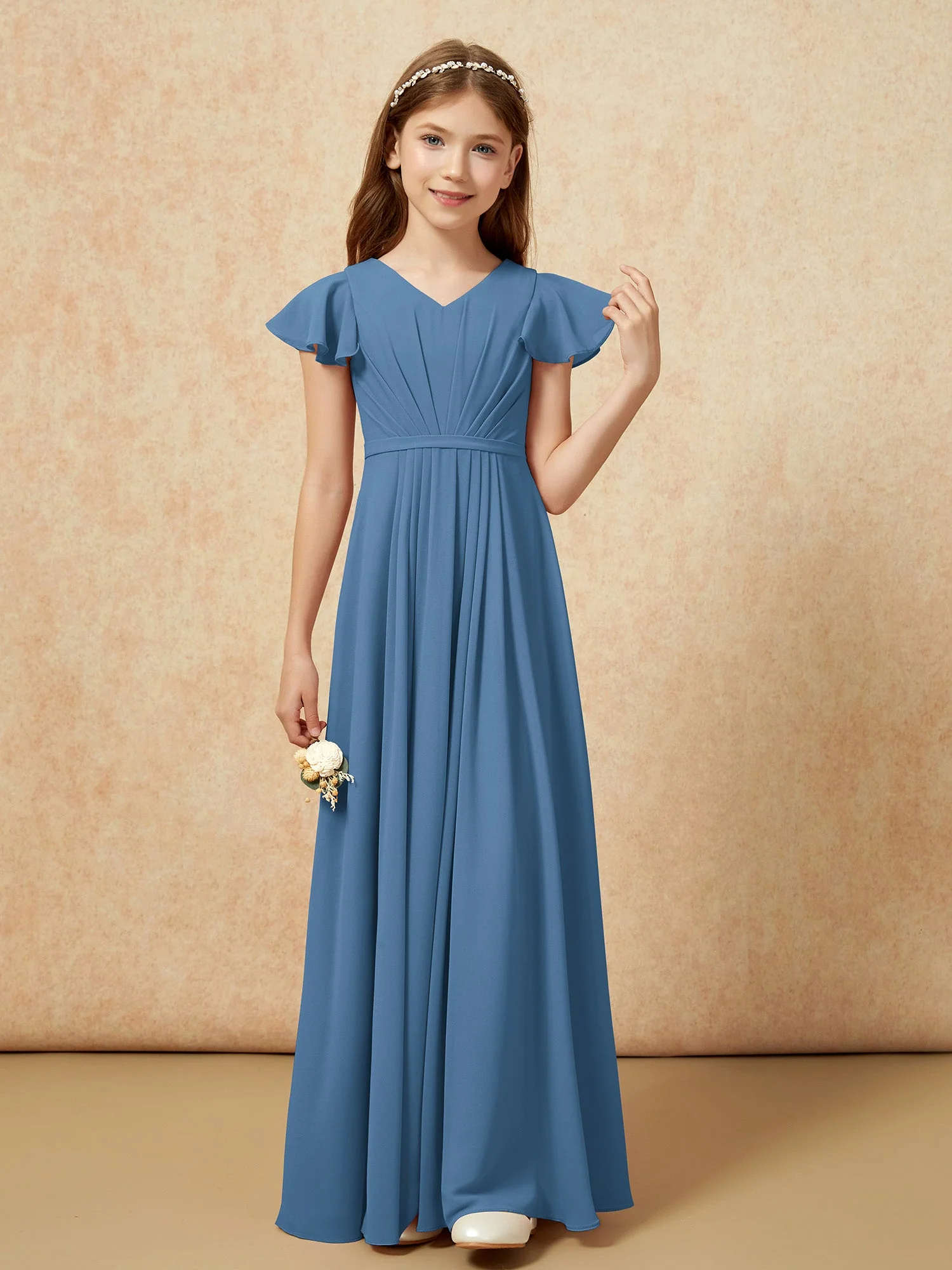 Flatterärmel V-Ausschnitt Chiffon Junge Brautjungfernkleider Schiefer Blau - Image 4