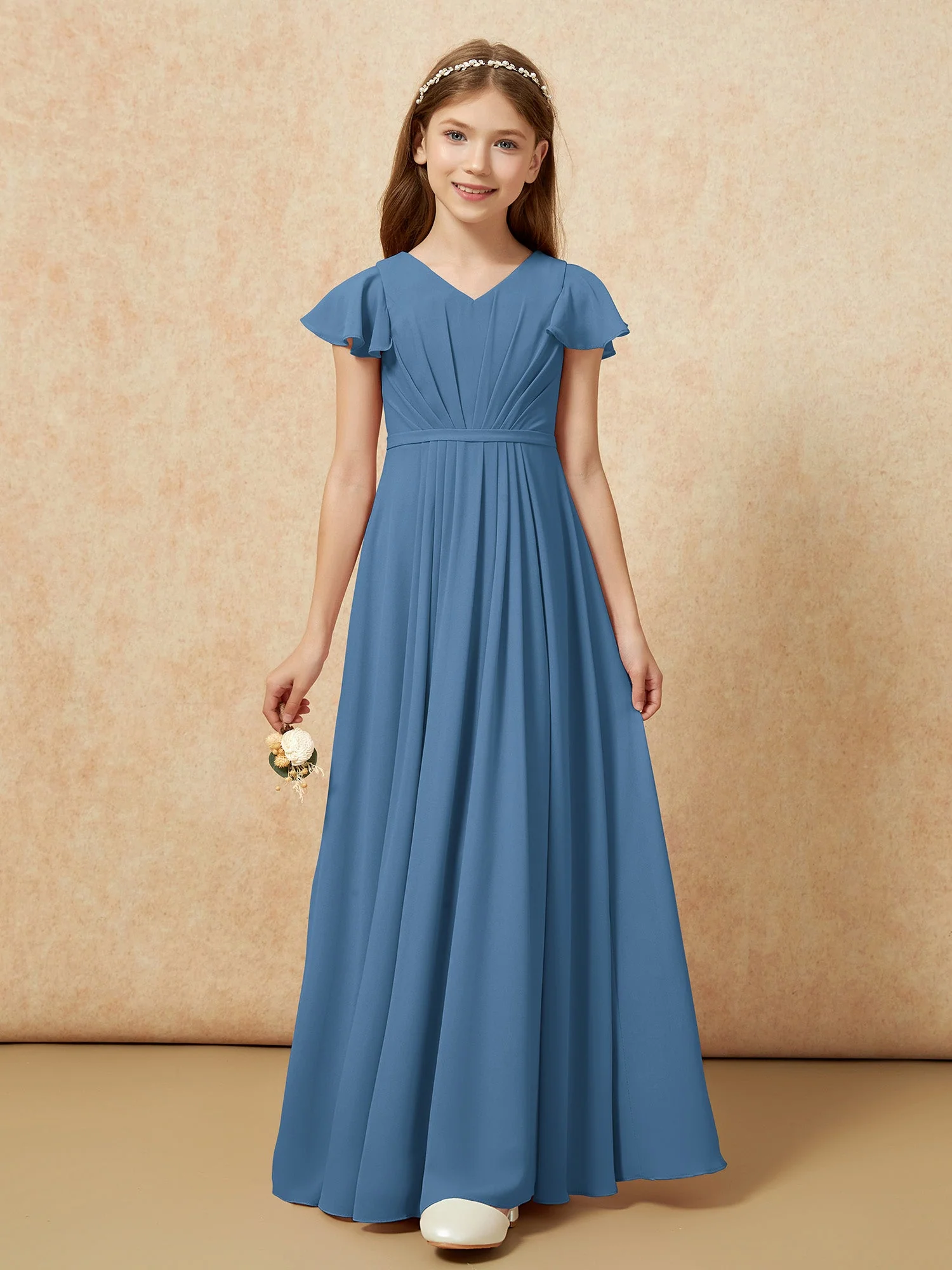 Flatterärmel V-Ausschnitt Chiffon Junge Brautjungfernkleider Schiefer Blau - Image 6