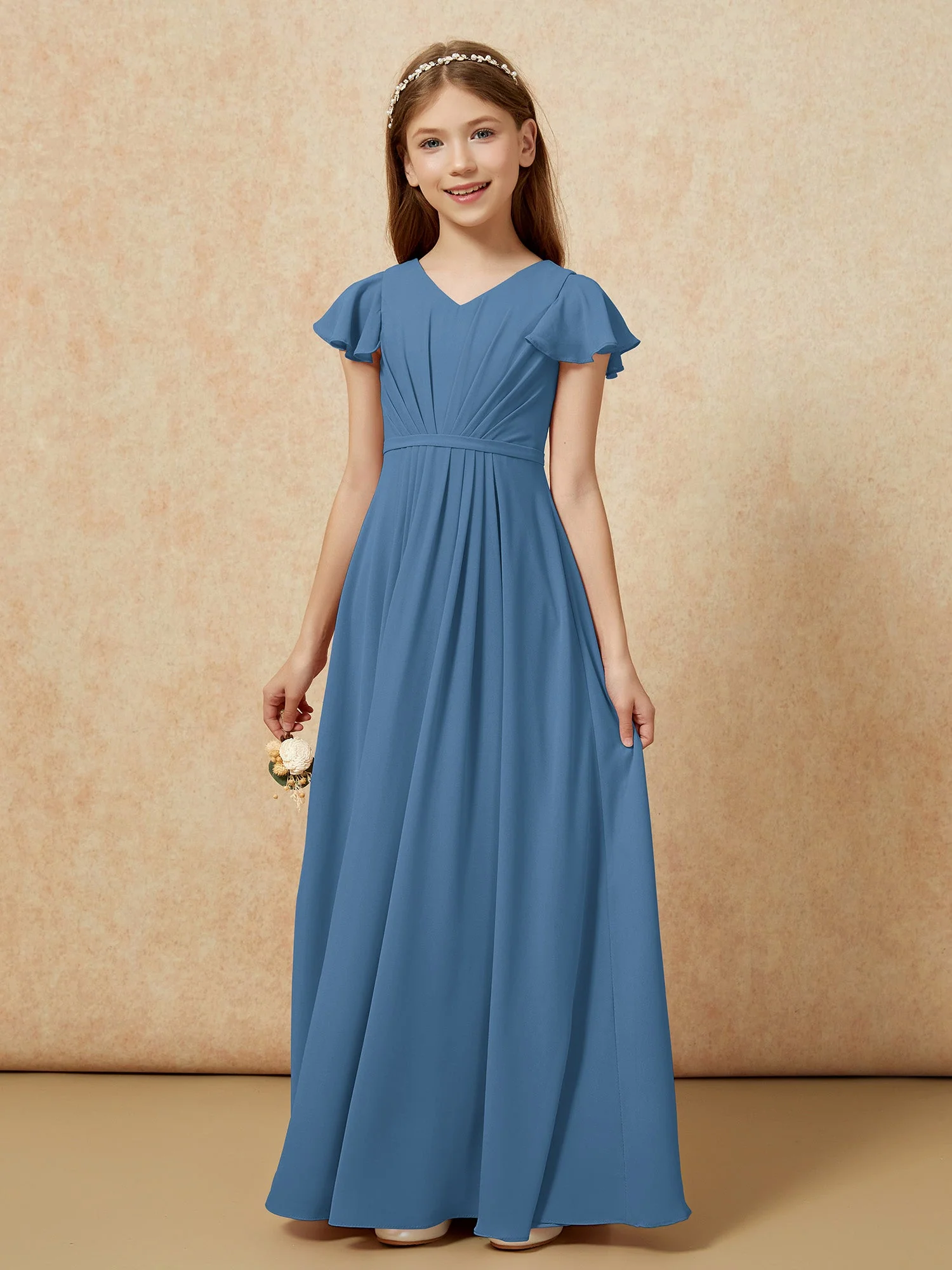 Flatterärmel V-Ausschnitt Chiffon Junge Brautjungfernkleider Schiefer Blau - Image 7