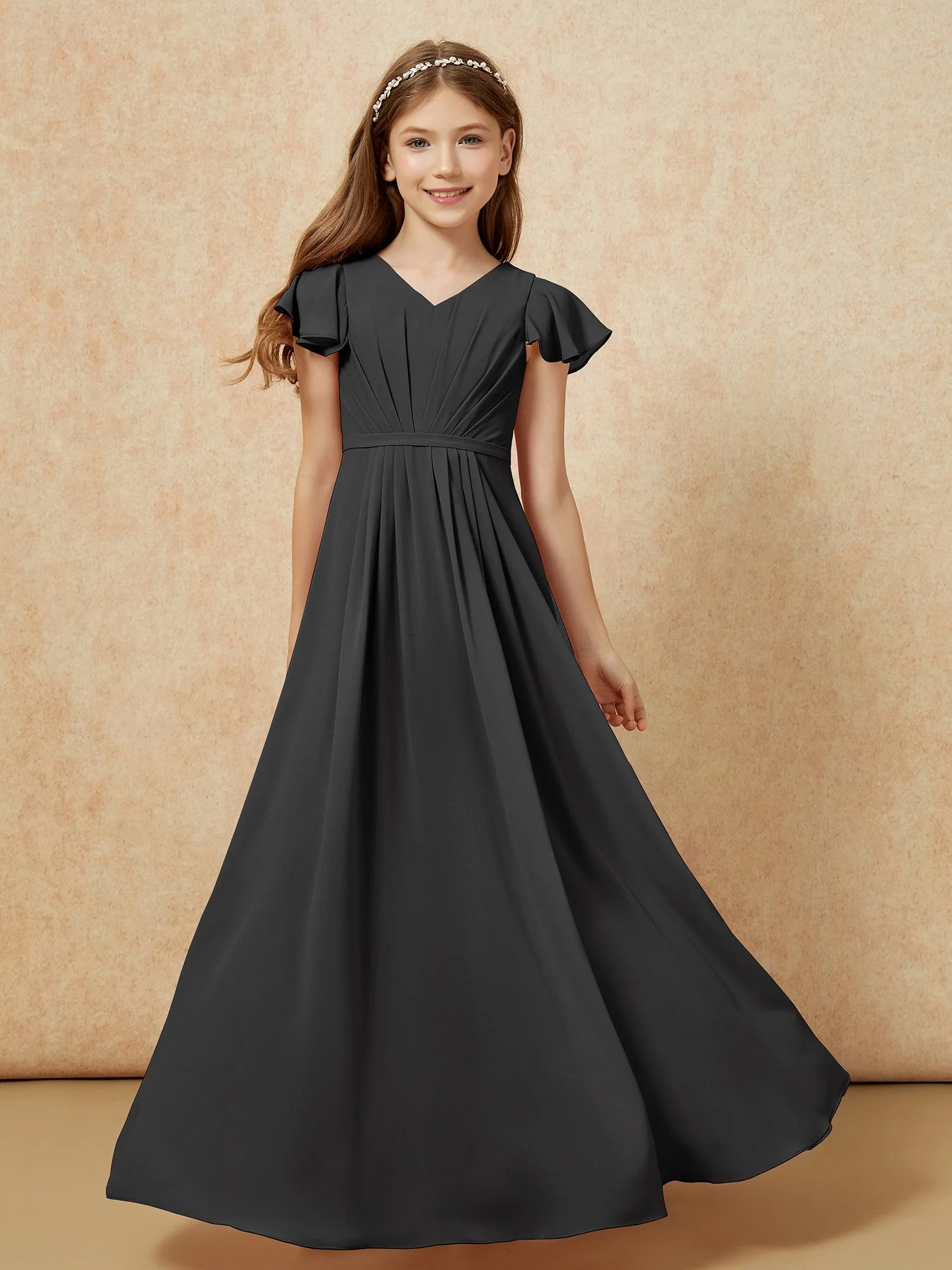 Flatterärmel V-Ausschnitt Chiffon Junge Brautjungfernkleider Schwarz