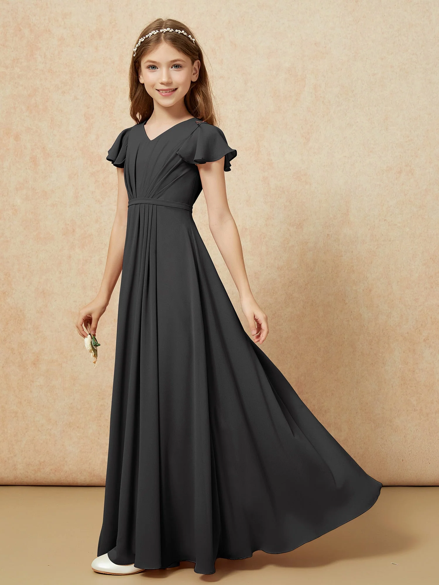 Flatterärmel V-Ausschnitt Chiffon Junge Brautjungfernkleider Schwarz - Image 3