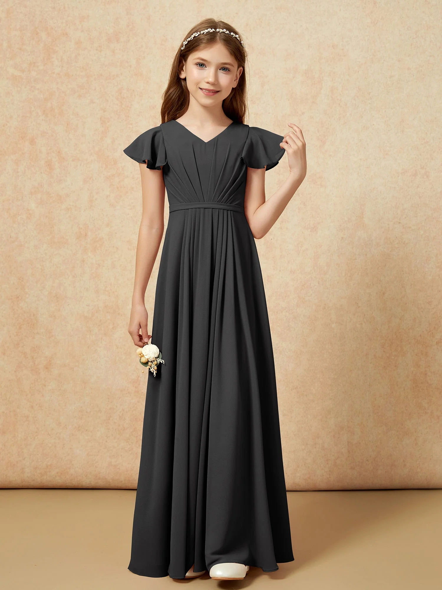 Flatterärmel V-Ausschnitt Chiffon Junge Brautjungfernkleider Schwarz - Image 4